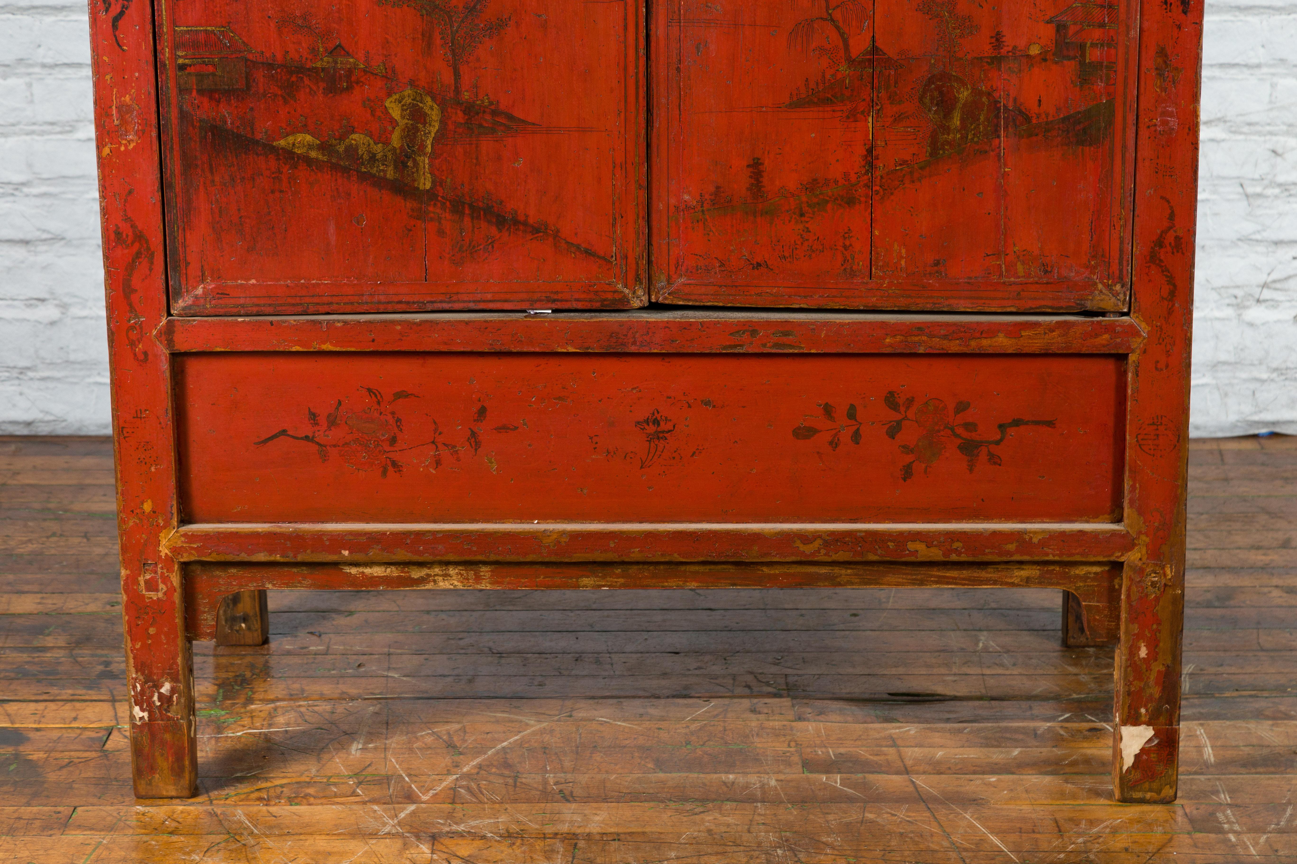 Qing Dynasty 19th Century Hand-Painted Cabinet with Original Red Lacquer For Sale 1