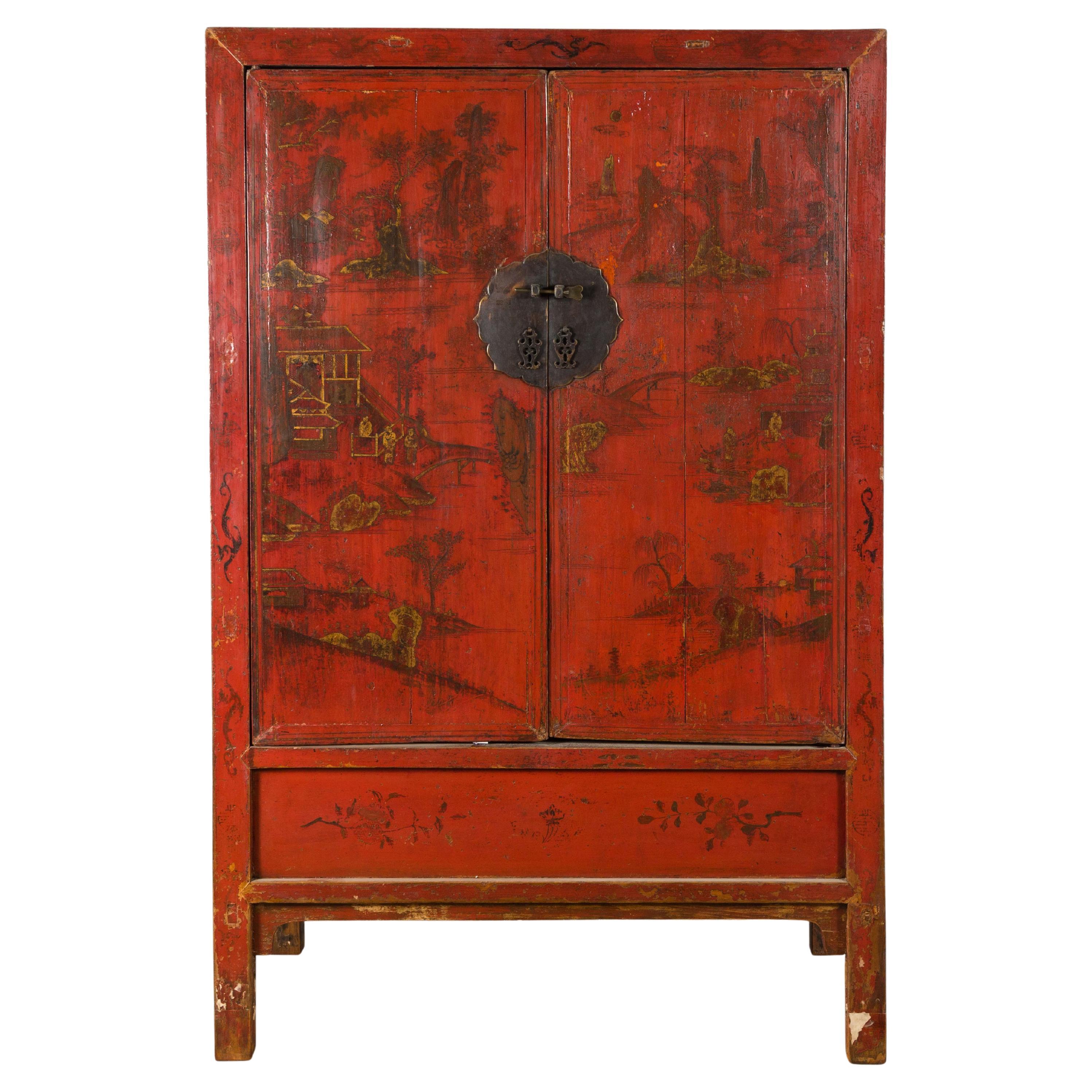 Qing Dynasty 19th Century Hand-Painted Cabinet with Original Red Lacquer For Sale