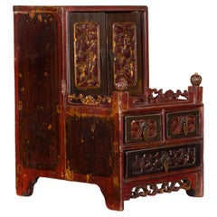 Antique Qing Dynasty 19th Century Red and Brown Lacquer Jewelry Box with Carved Foliage