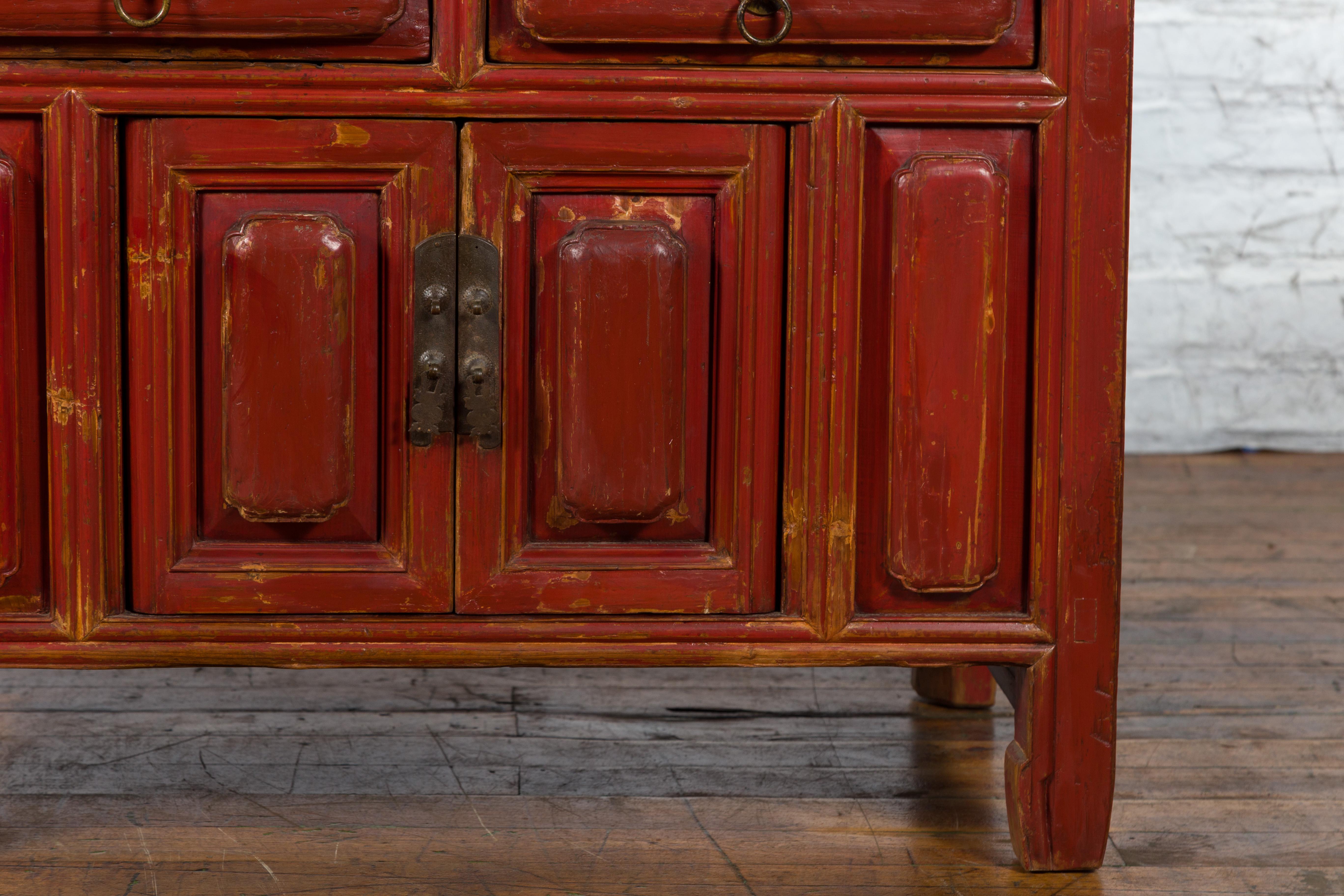 Late Qing Dynasty Period Chinese Red Lacquer Compound Cabinet with Raised Panels For Sale 4