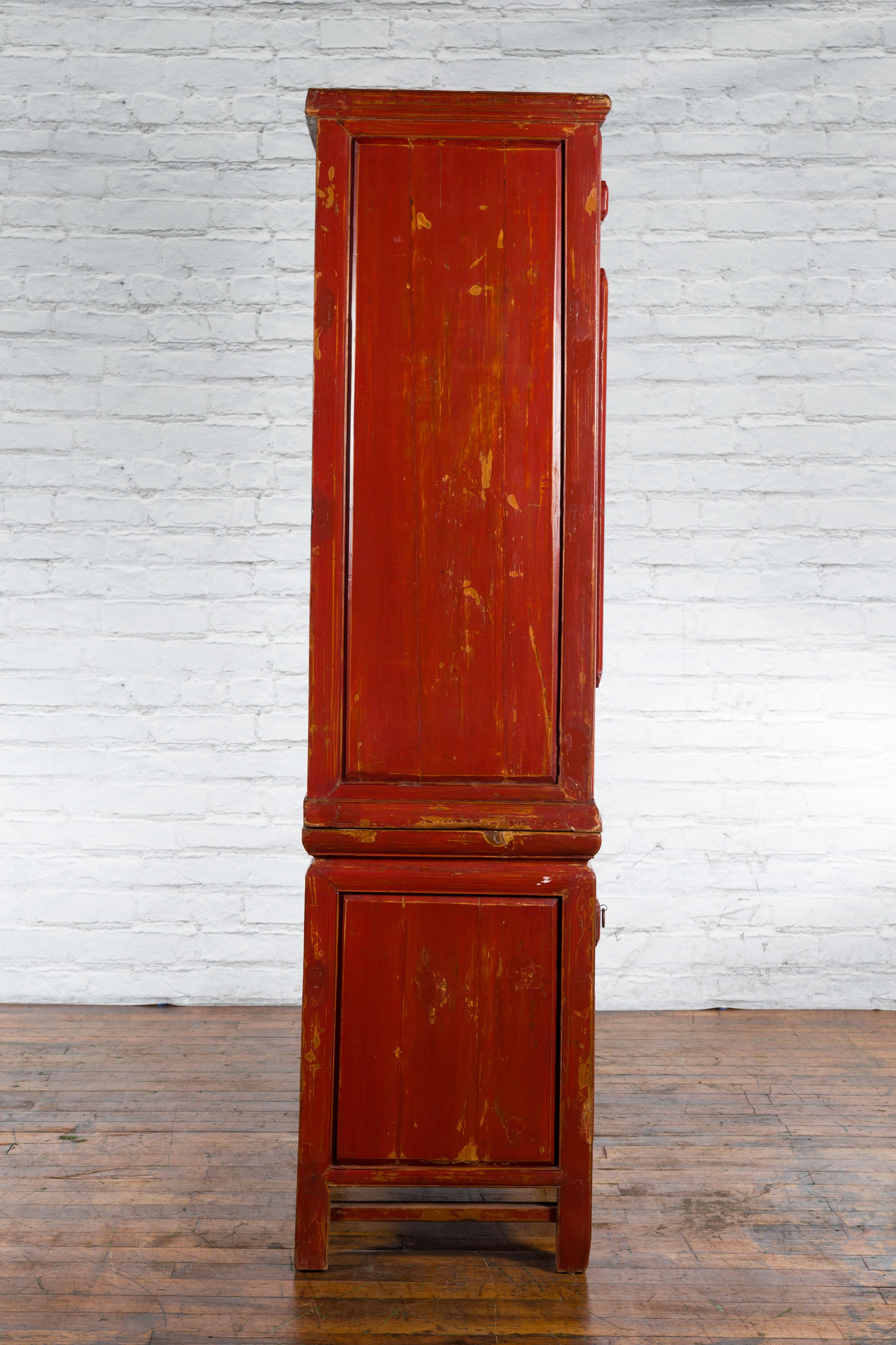 Late Qing Dynasty Period Chinese Red Lacquer Compound Cabinet with Raised Panels For Sale 5
