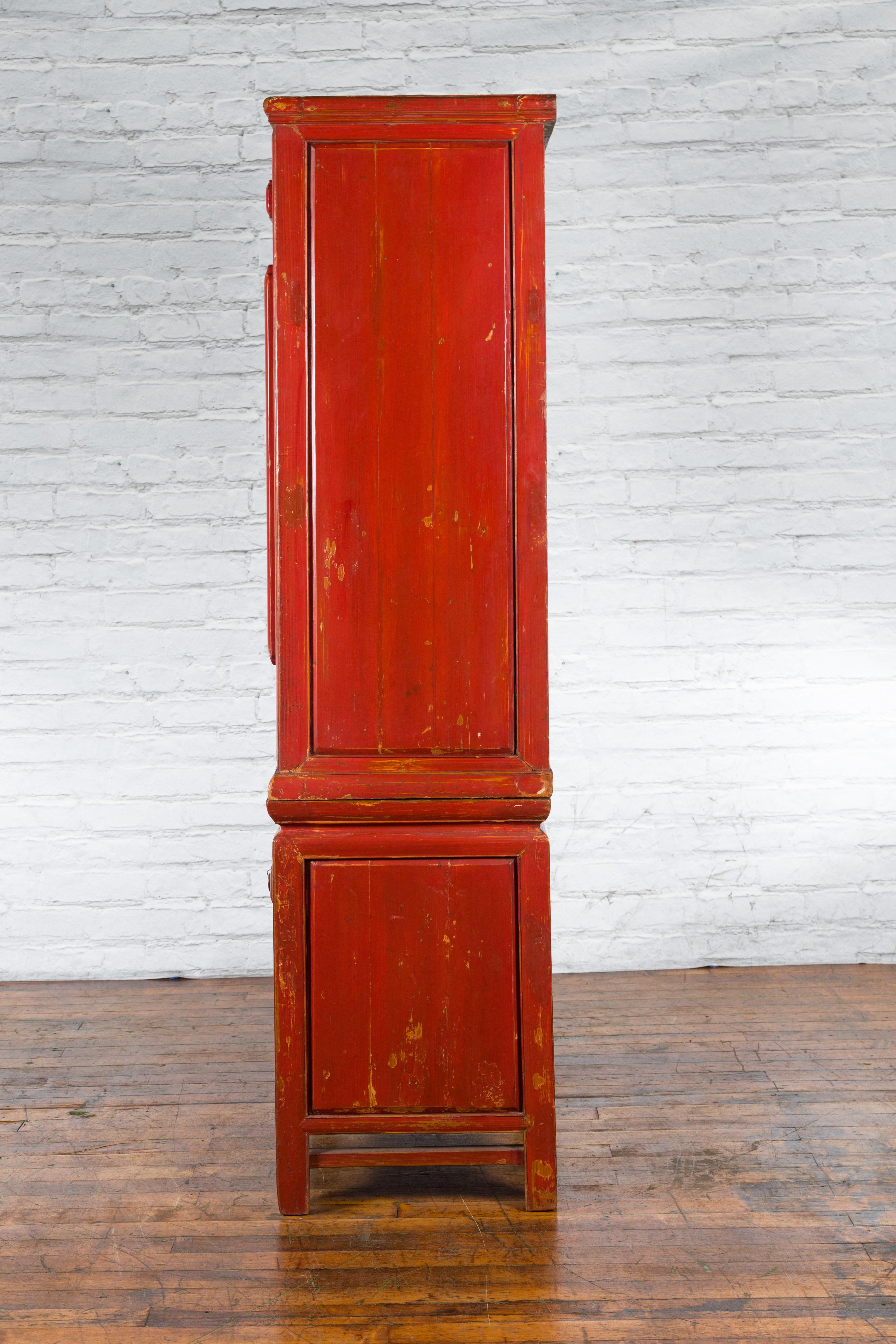 Late Qing Dynasty Period Chinese Red Lacquer Compound Cabinet with Raised Panels For Sale 6
