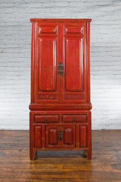 Late Qing Dynasty Period Chinese Red Lacquer Compound Cabinet with Raised Panels