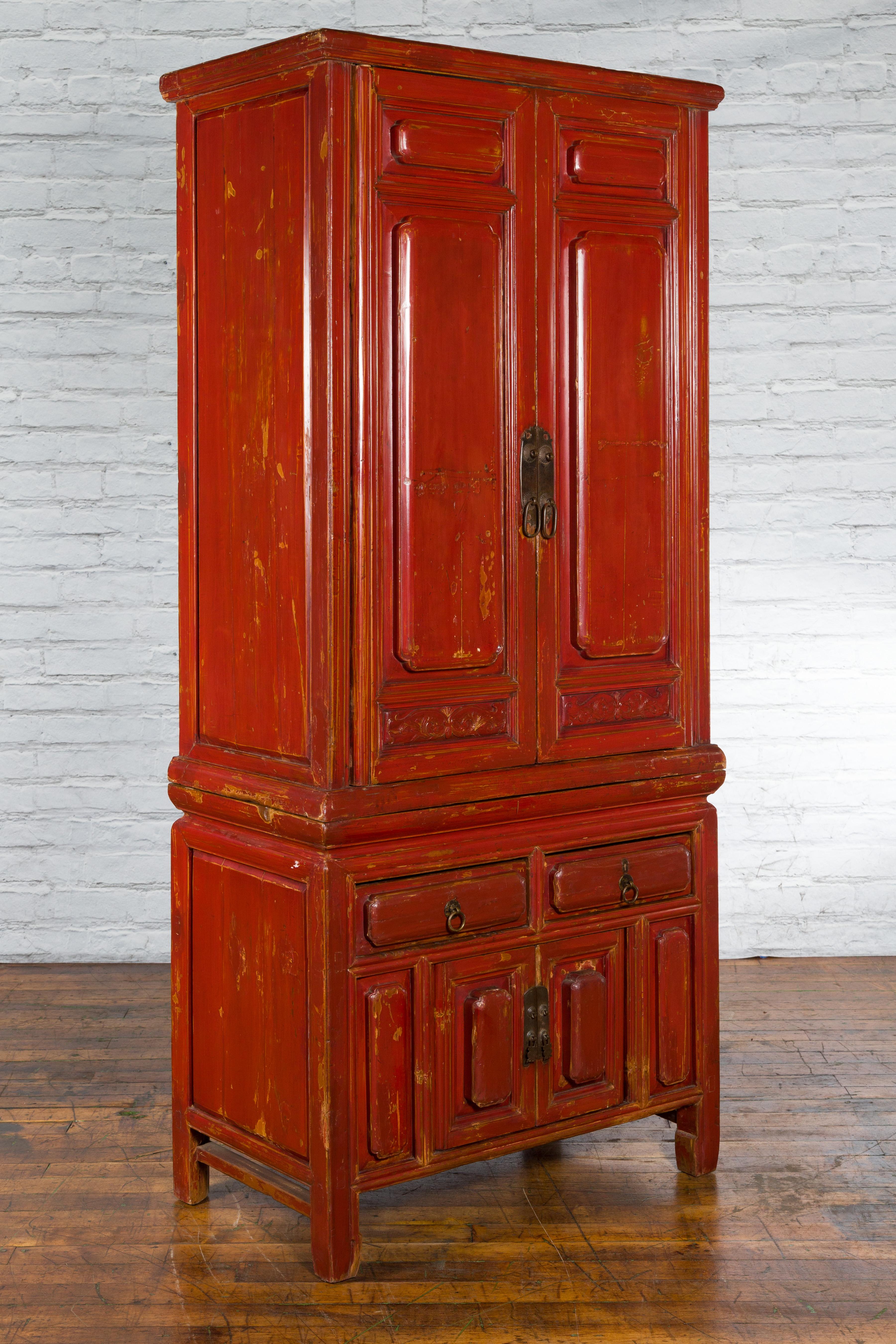 Carved Late Qing Dynasty Period Chinese Red Lacquer Compound Cabinet with Raised Panels For Sale