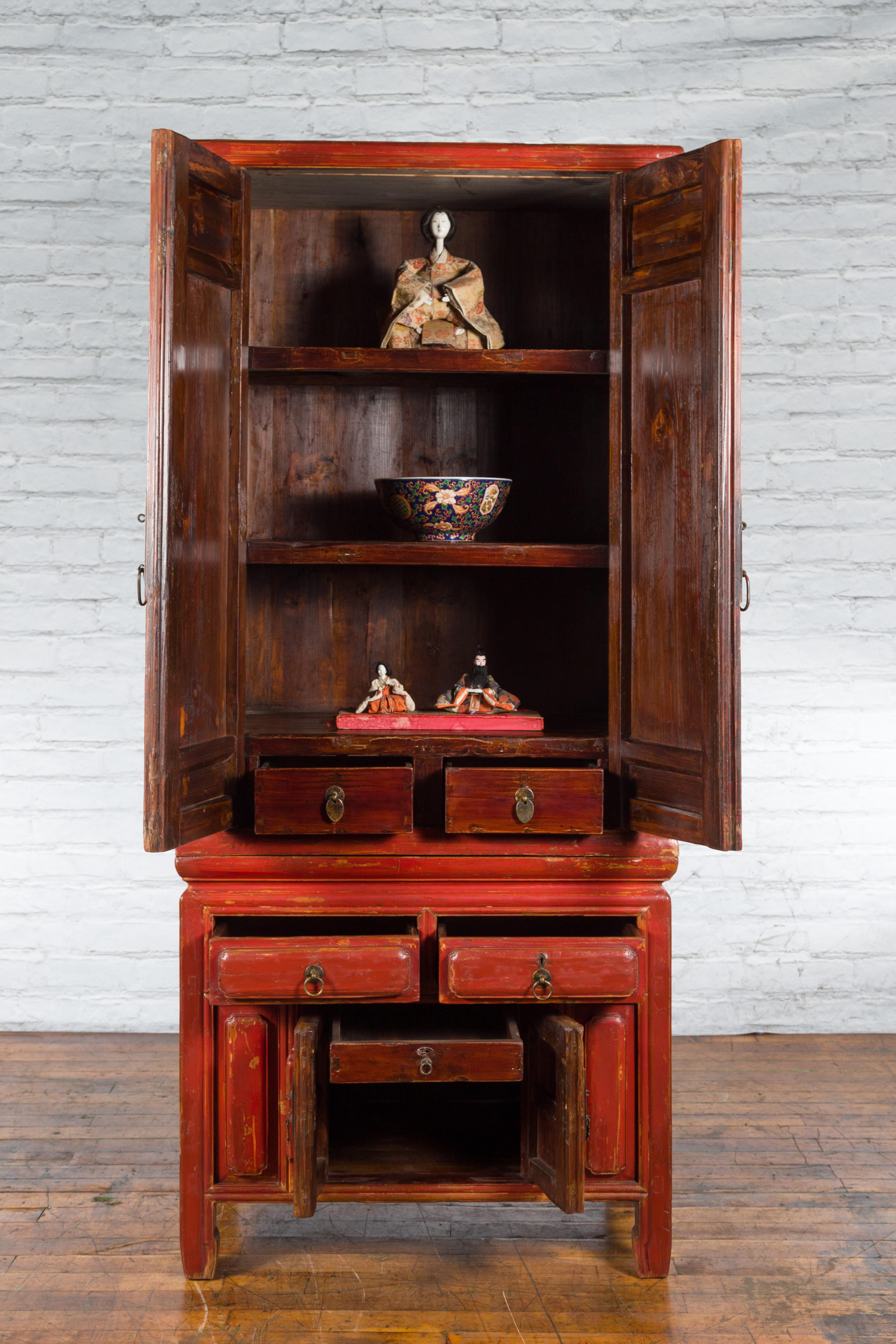 Late Qing Dynasty Period Chinese Red Lacquer Compound Cabinet with Raised Panels In Good Condition For Sale In Yonkers, NY