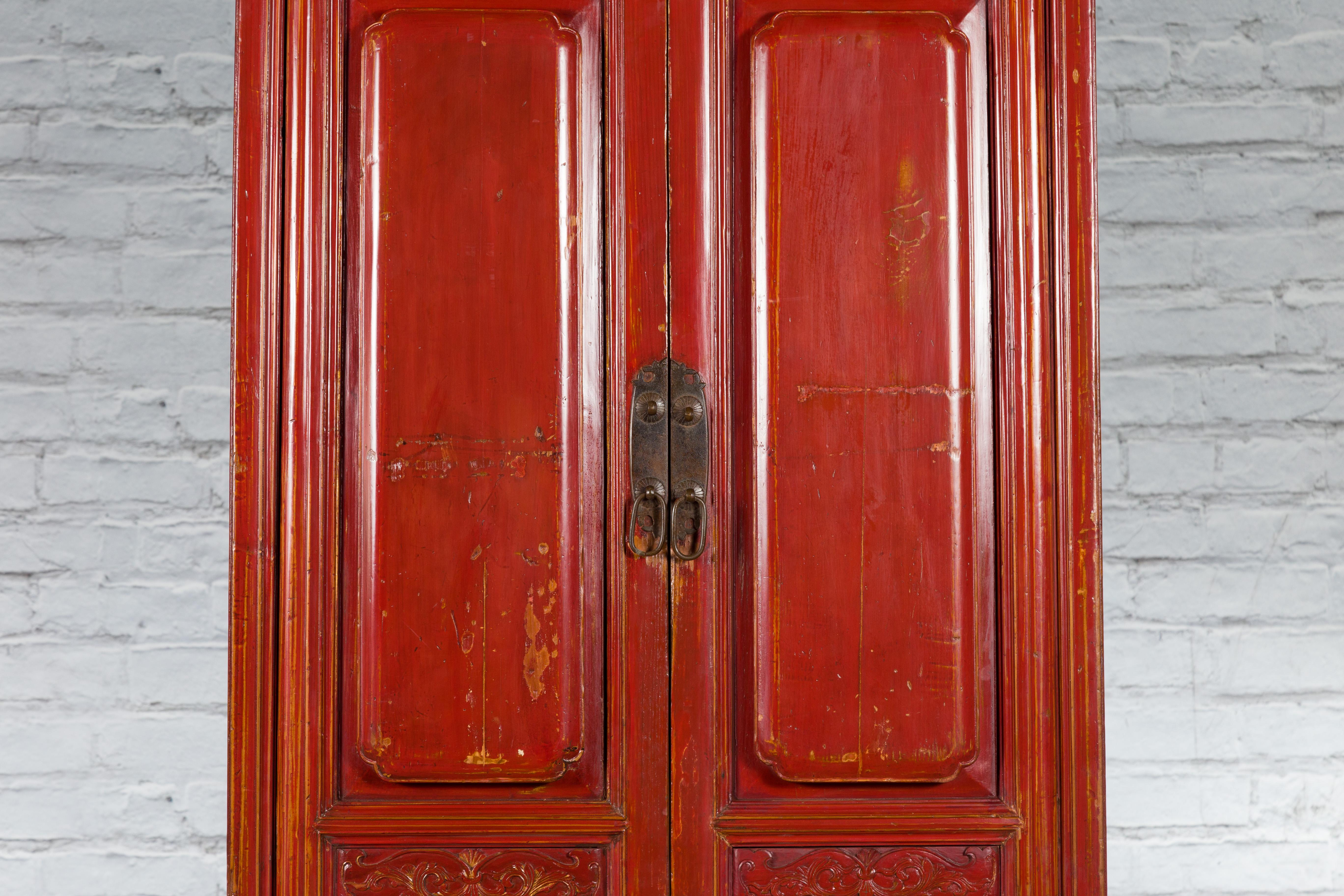 Wood Late Qing Dynasty Period Chinese Red Lacquer Compound Cabinet with Raised Panels For Sale