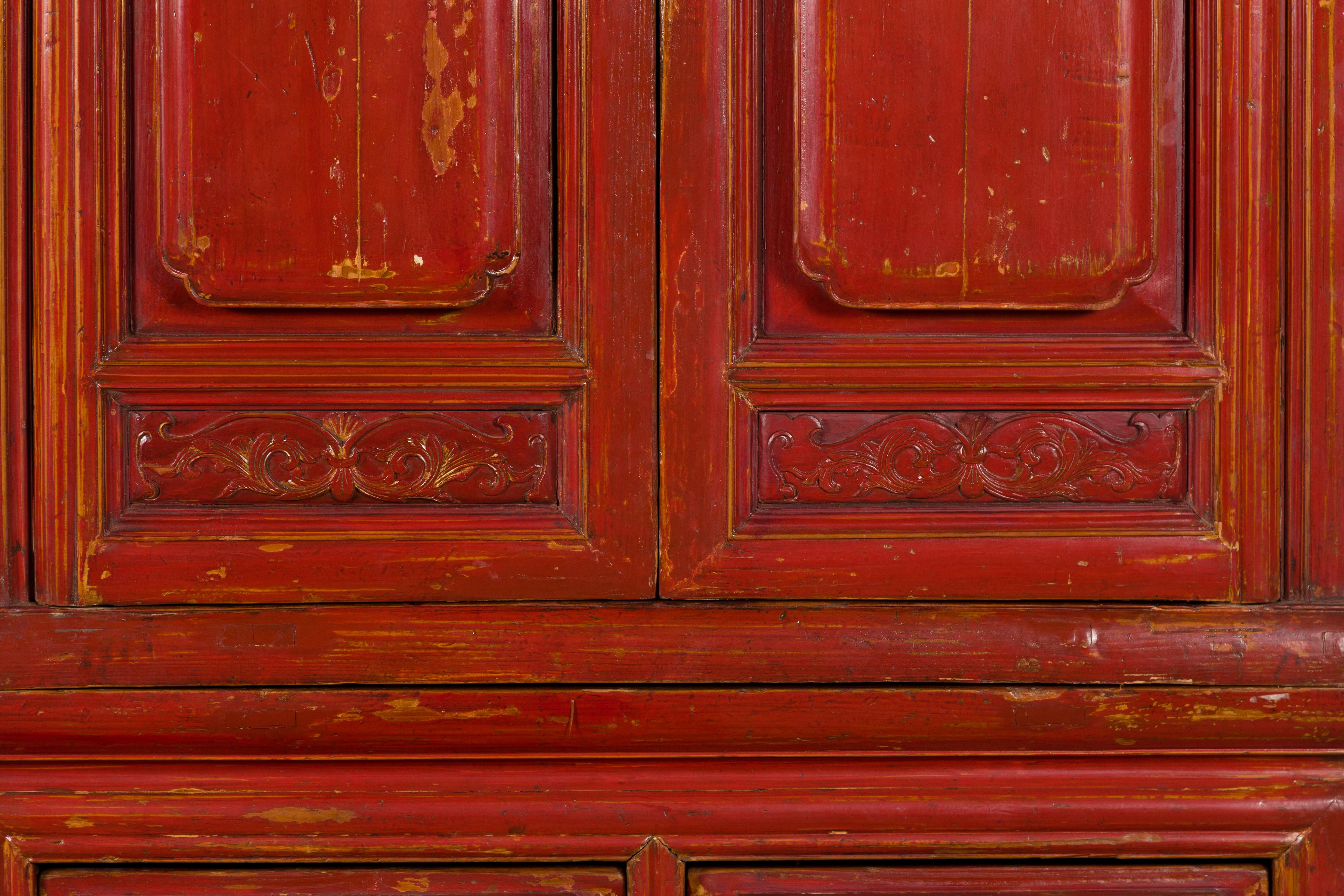 Late Qing Dynasty Period Chinese Red Lacquer Compound Cabinet with Raised Panels For Sale 1