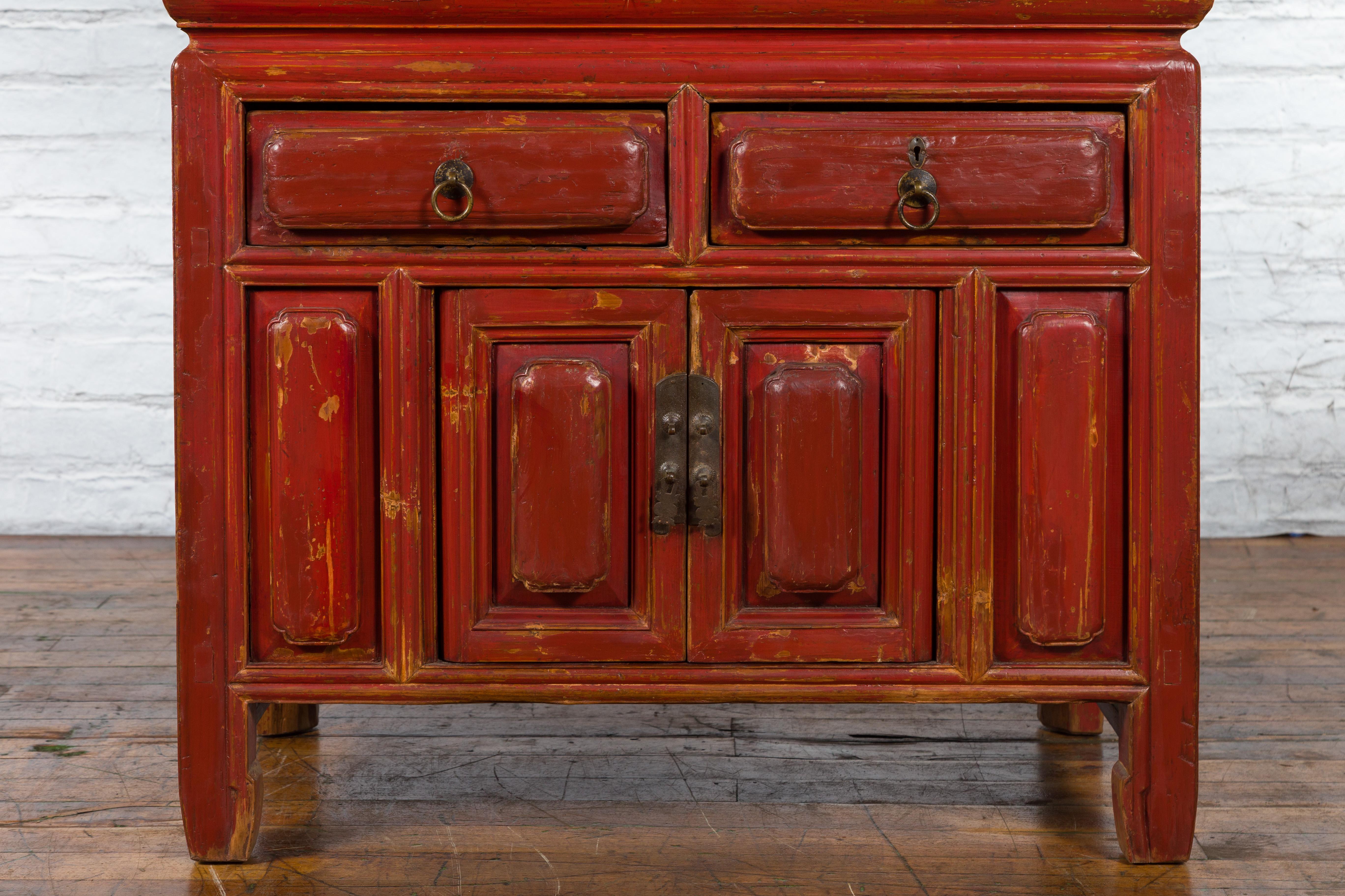 Late Qing Dynasty Period Chinese Red Lacquer Compound Cabinet with Raised Panels For Sale 2