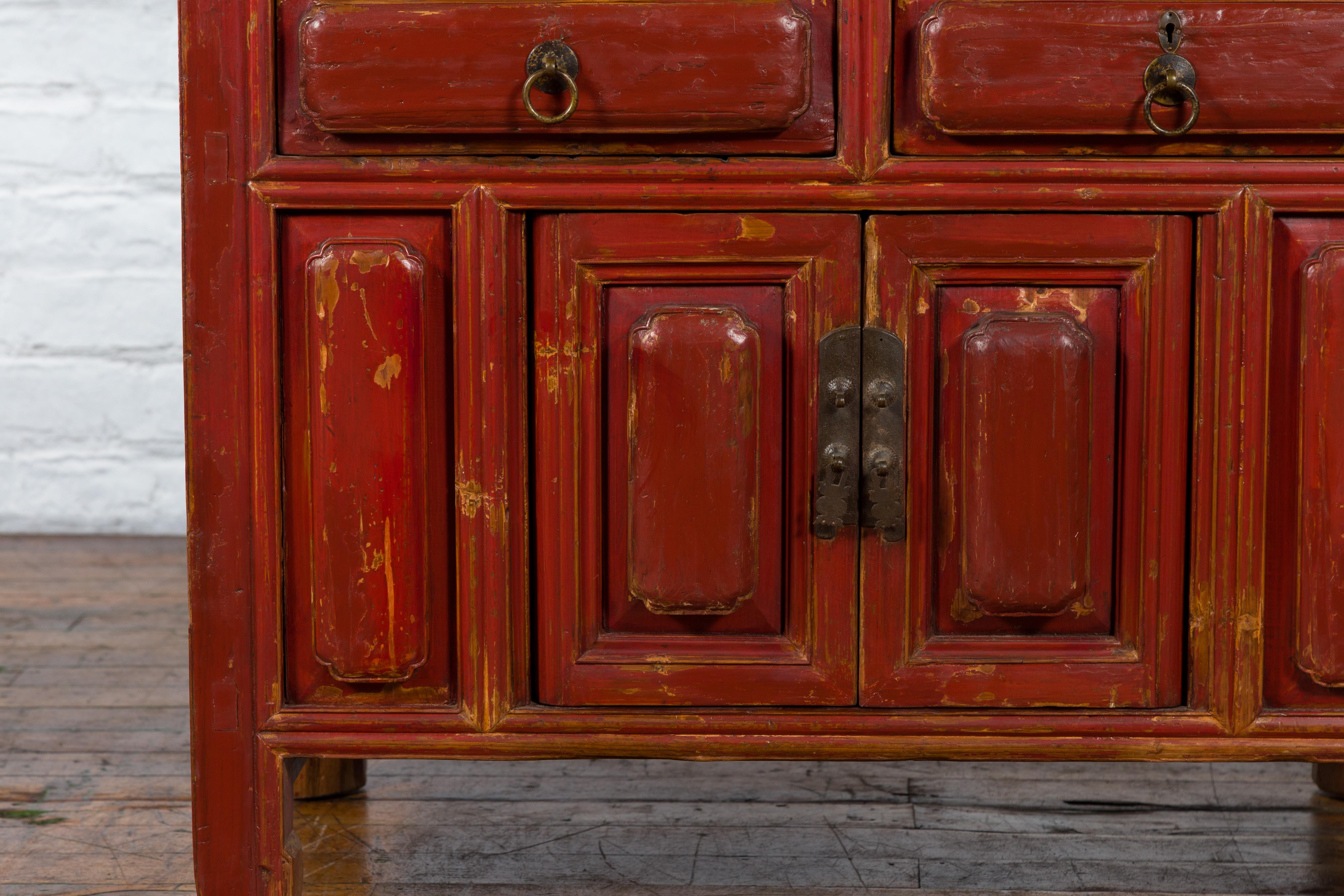 Late Qing Dynasty Period Chinese Red Lacquer Compound Cabinet with Raised Panels For Sale 3