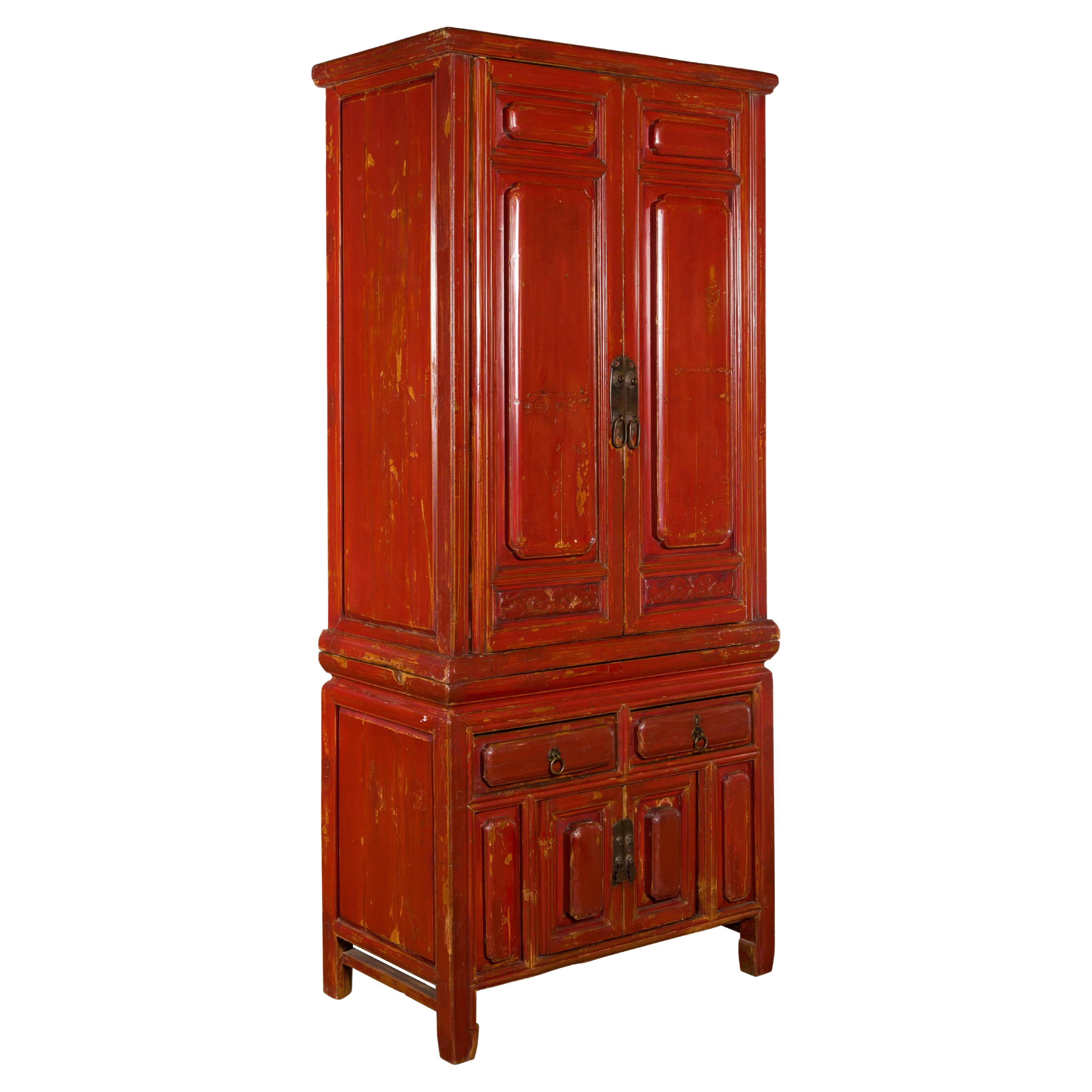 Late Qing Dynasty Period Chinese Red Lacquer Compound Cabinet with Raised Panels For Sale
