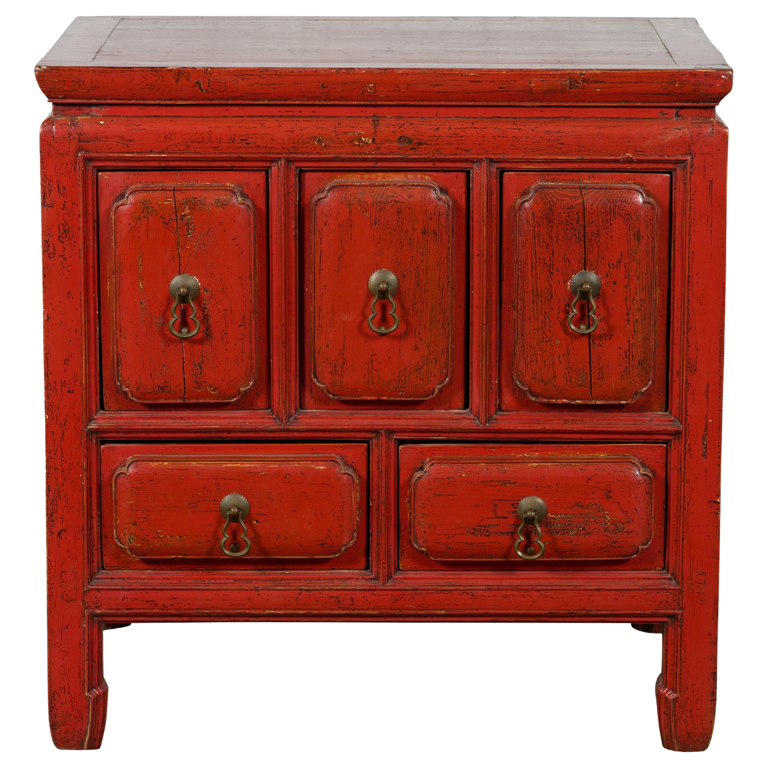 Qing Dynasty 19th Century Red Lacquer Side Chest with Five Drawers