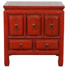 Qing Dynasty 19th Century Red Lacquer Side Chest with Five Drawers