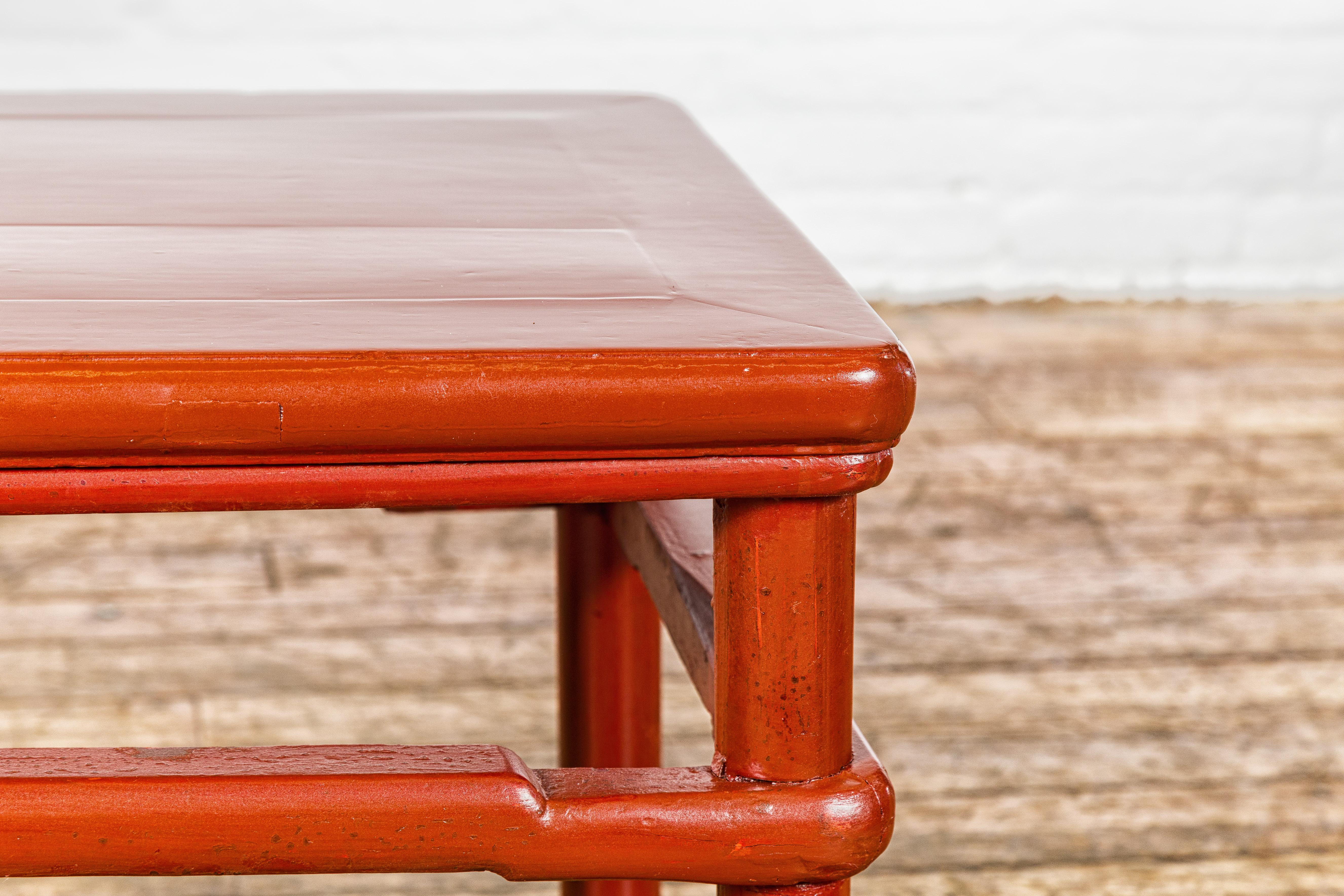 Qing Dynasty 19th Century Red Lacquer Side Table with Humpback Stretcher For Sale 7