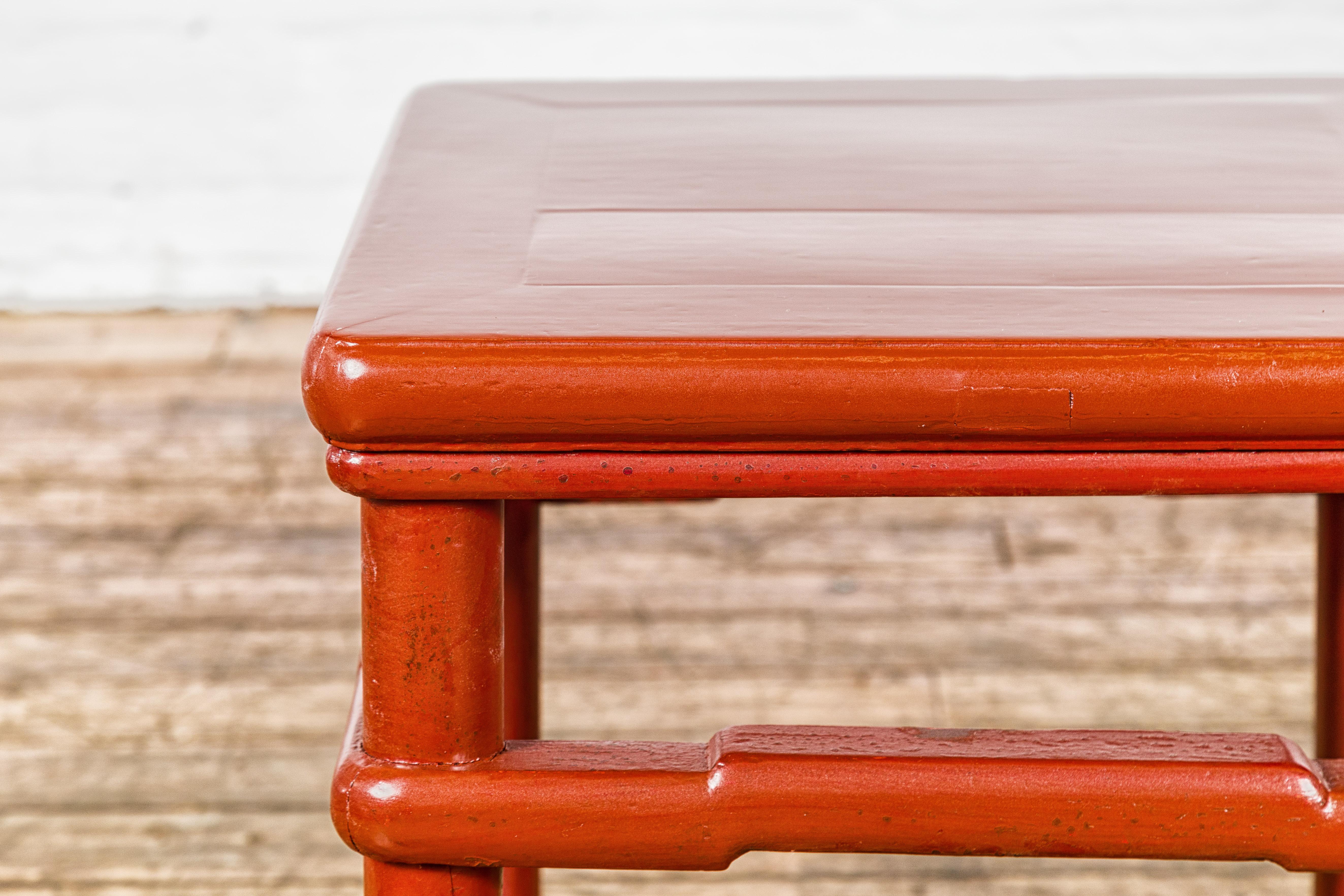 Qing Dynasty 19th Century Red Lacquer Side Table with Humpback Stretcher For Sale 8