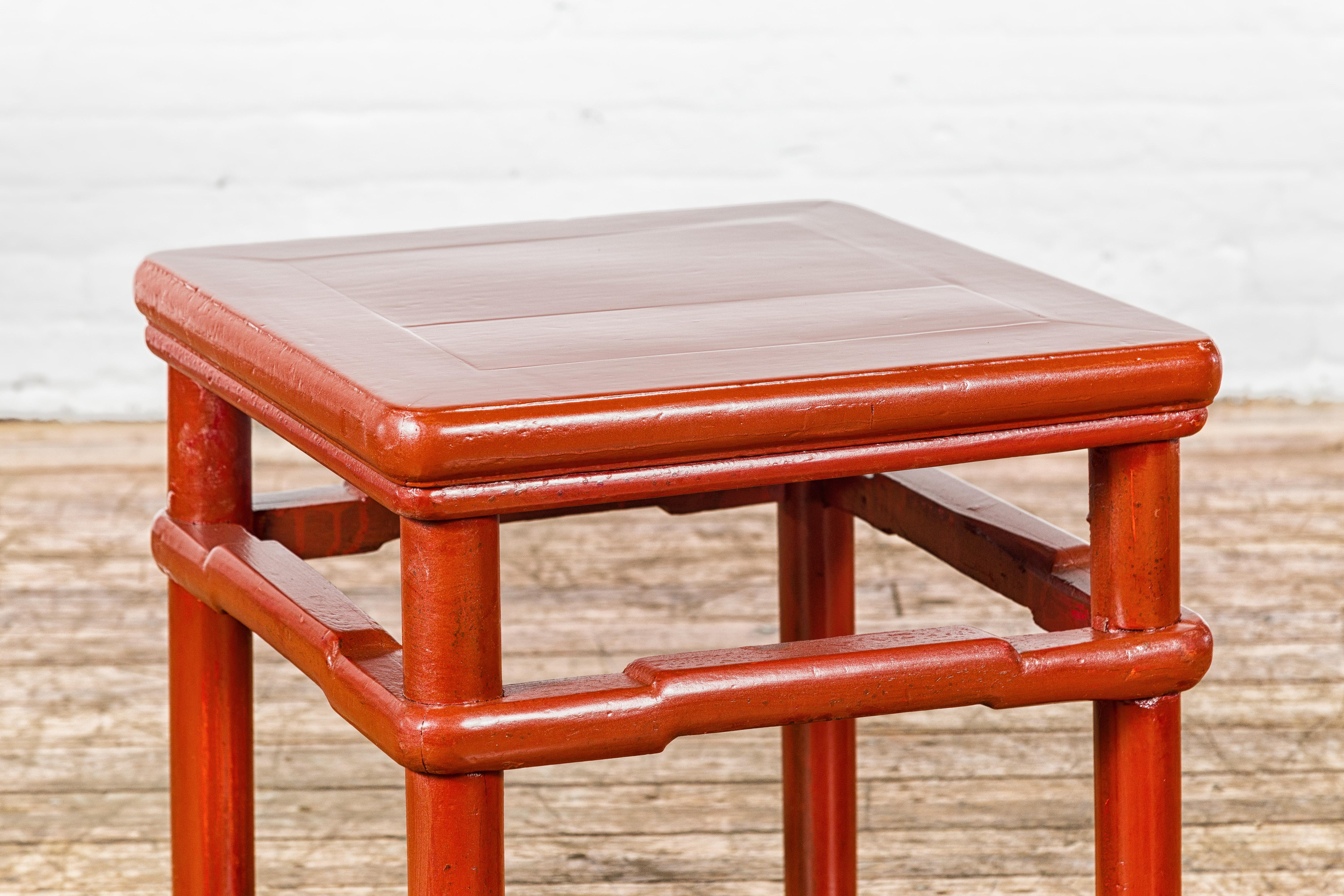 Wood Qing Dynasty 19th Century Red Lacquer Side Table with Humpback Stretcher For Sale
