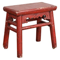 Qing Dynasty 19th Century Red Lacquered Stool with Carved Apron