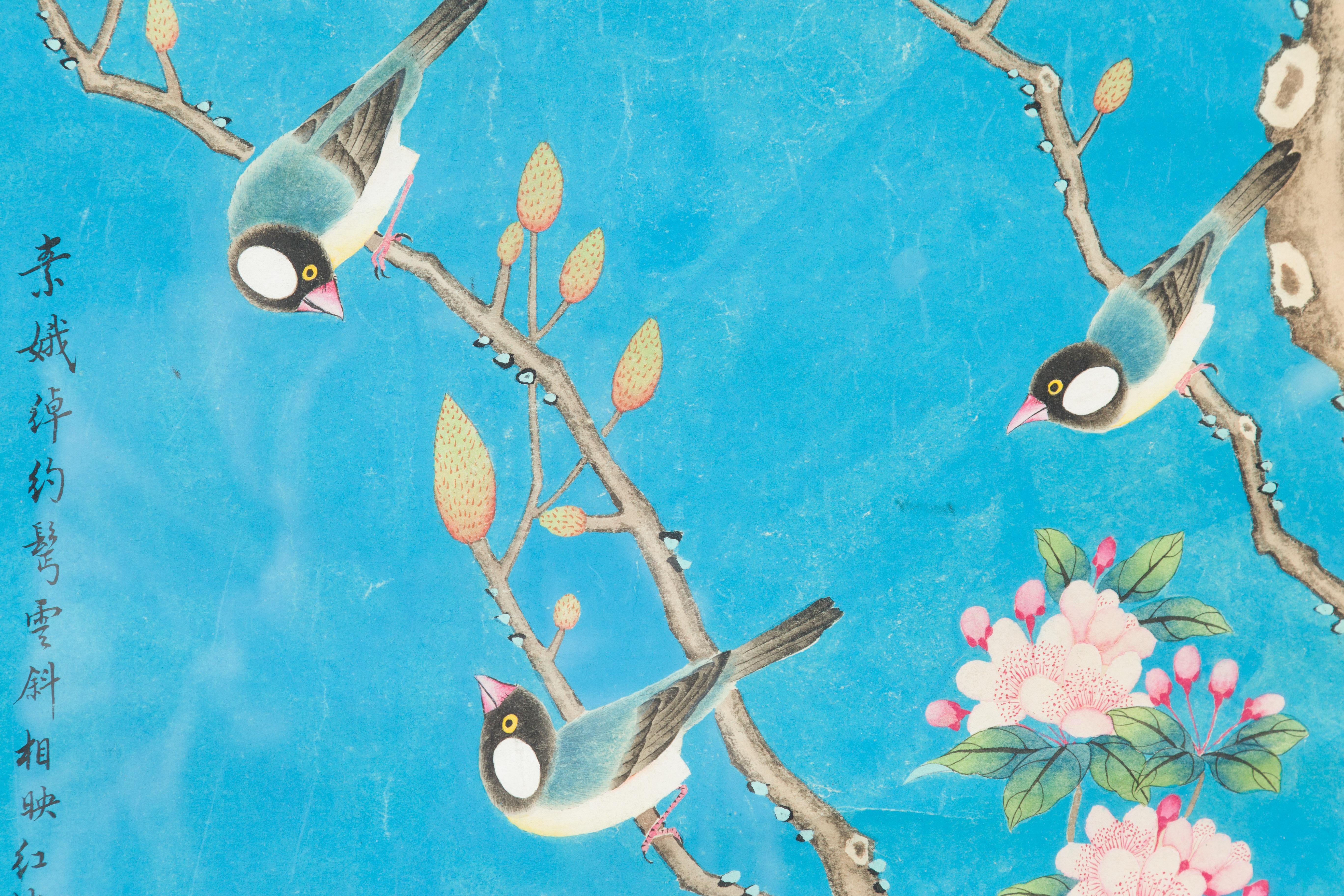 Impression turquoise du 19ème siècle de la dynastie Qing représentant des oiseaux perchés dans un arbre en vente 9
