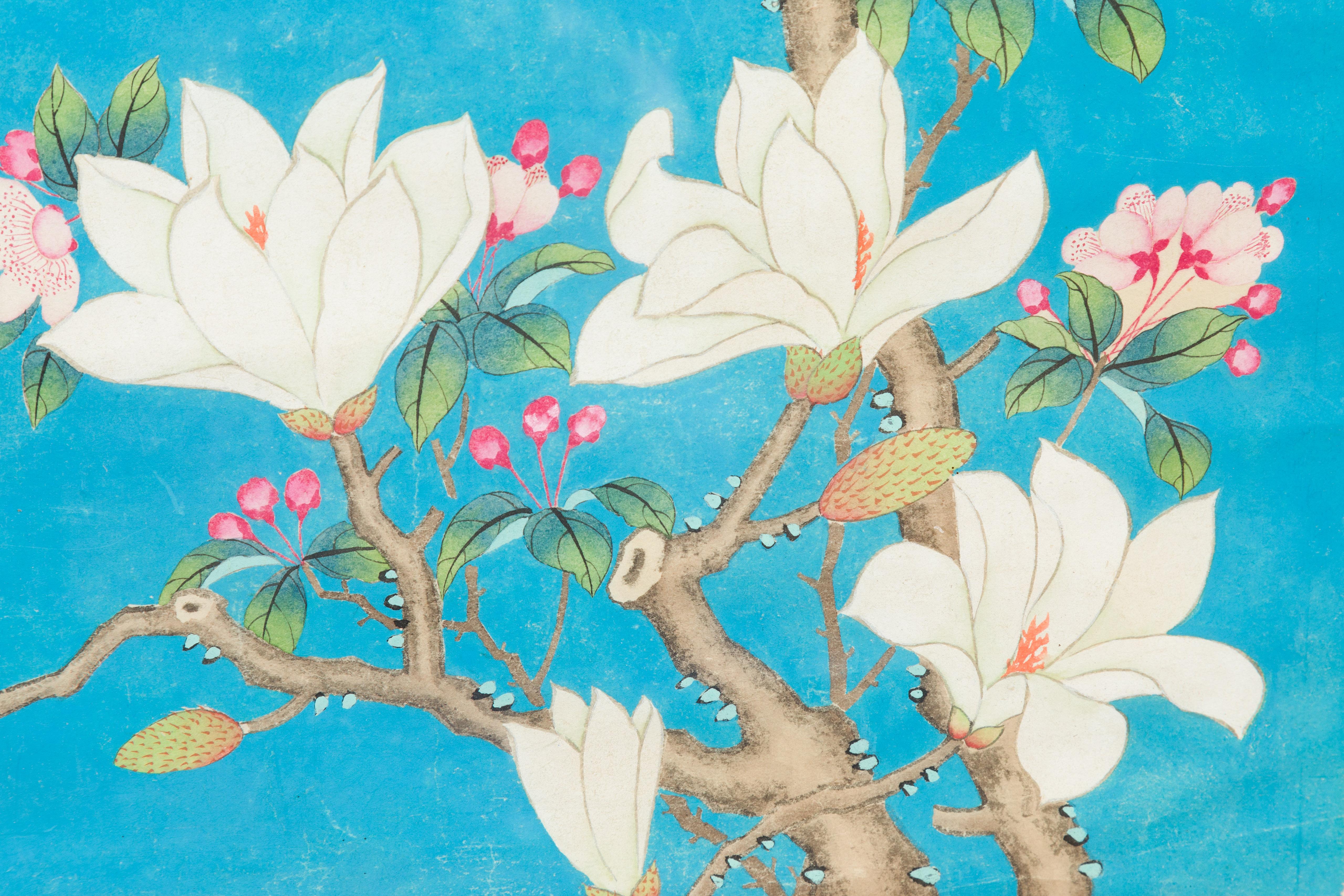 Impression turquoise du 19ème siècle de la dynastie Qing représentant des oiseaux perchés dans un arbre en vente 10