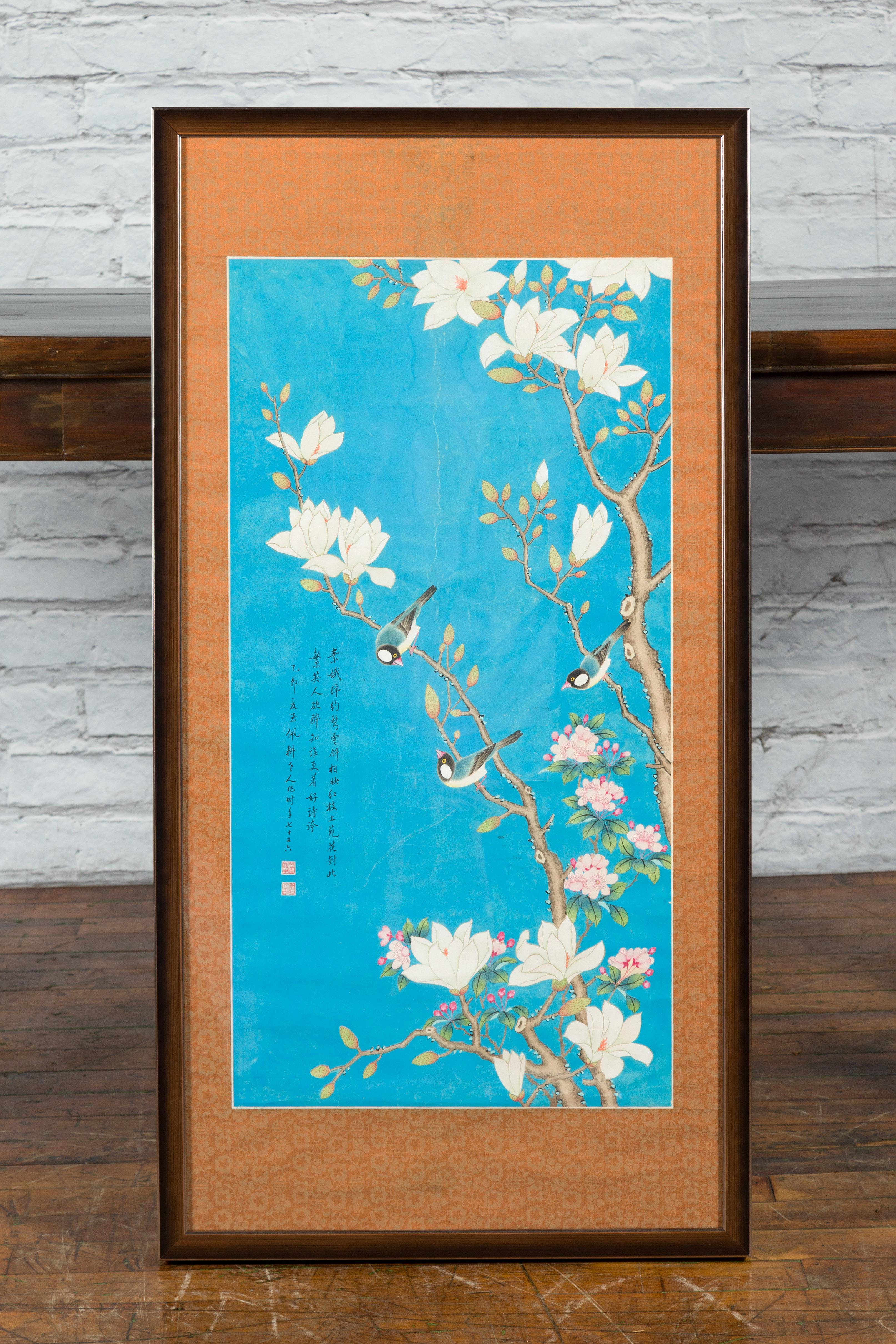 Chinese Qing Dynasty 19th Century Turquoise Print Depicting Birds Perched in a Tree For Sale