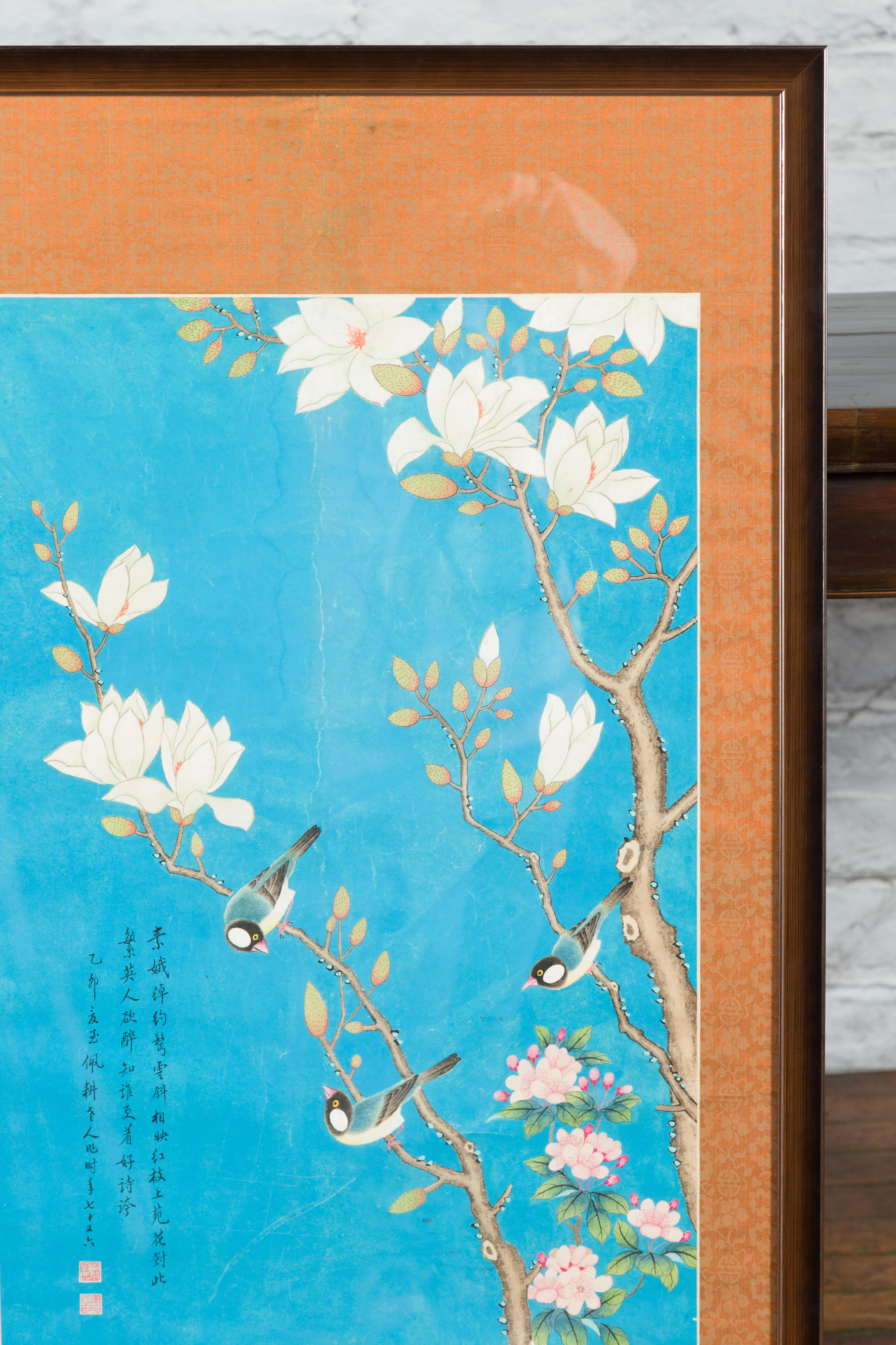 Tissu Impression turquoise du 19ème siècle de la dynastie Qing représentant des oiseaux perchés dans un arbre en vente