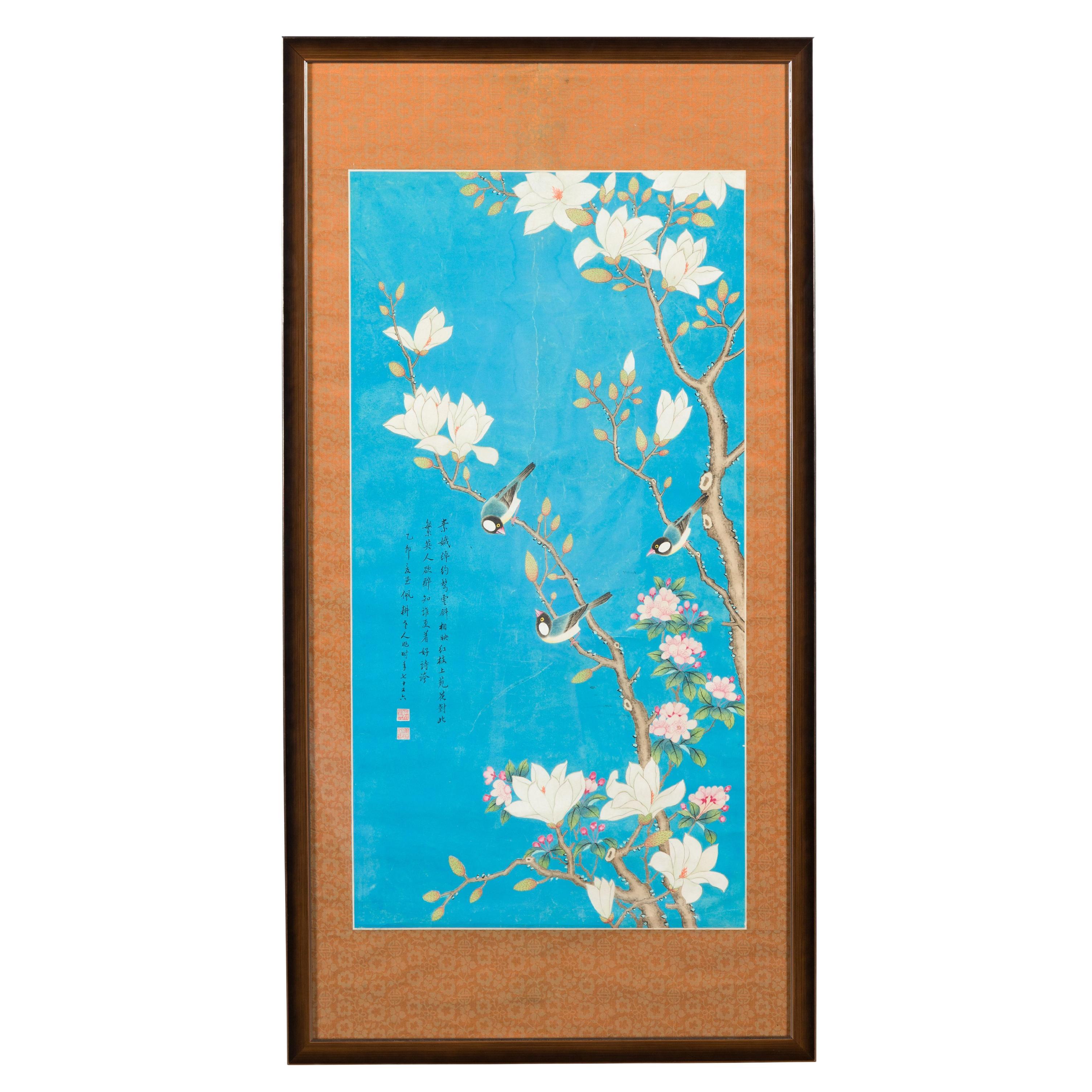 Qing Dynasty 19th Century Turquoise Print Depicting Birds Perched in a Tree For Sale