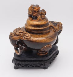 QING DYNASTY 20th Century Carved Tiger's Eye Foo-Dog Censer With Cover Lid