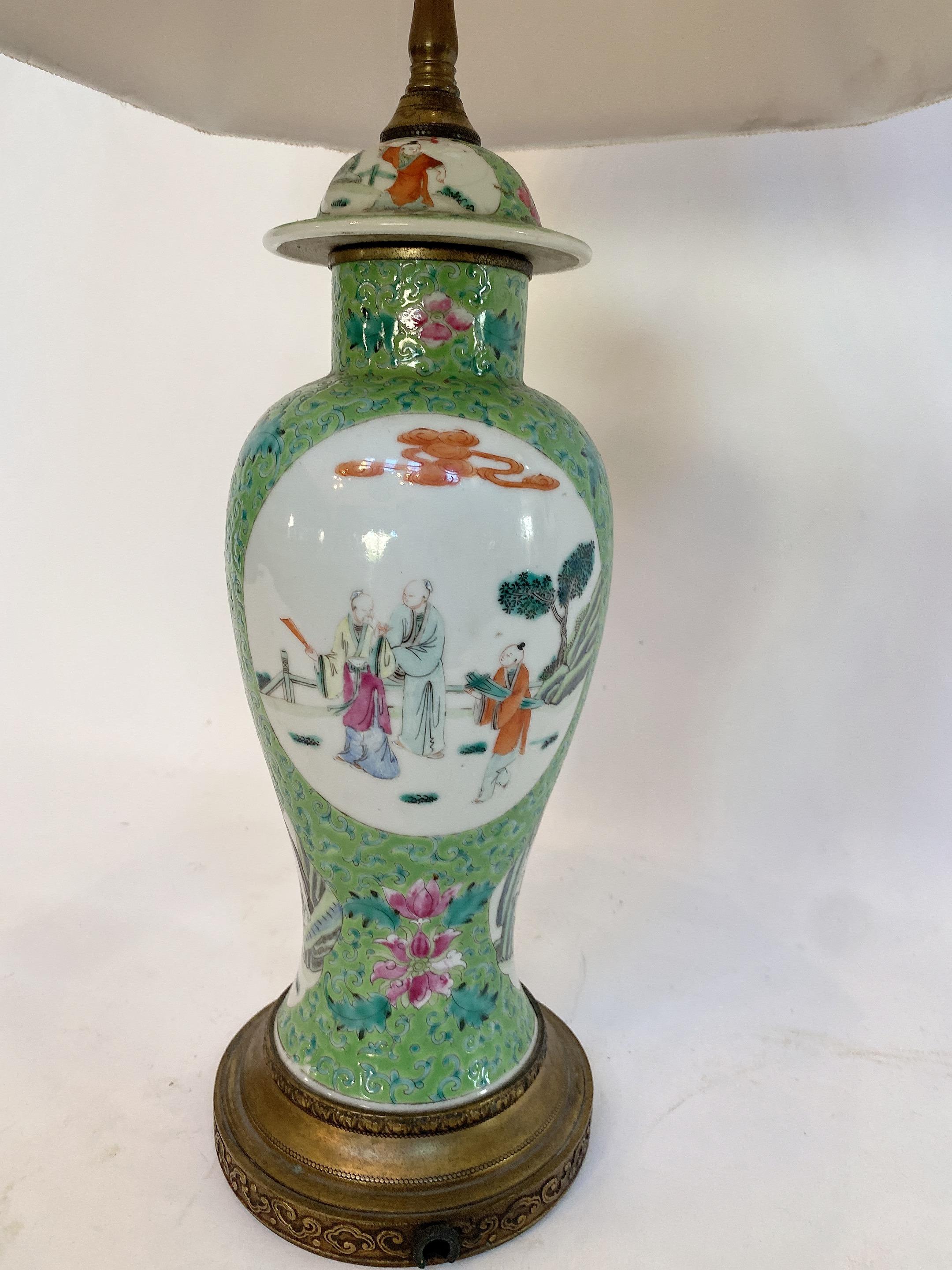 Qing Dynasty a Antique Chinese Green Famille Rose Porcelain Vase Lamp For Sale 2