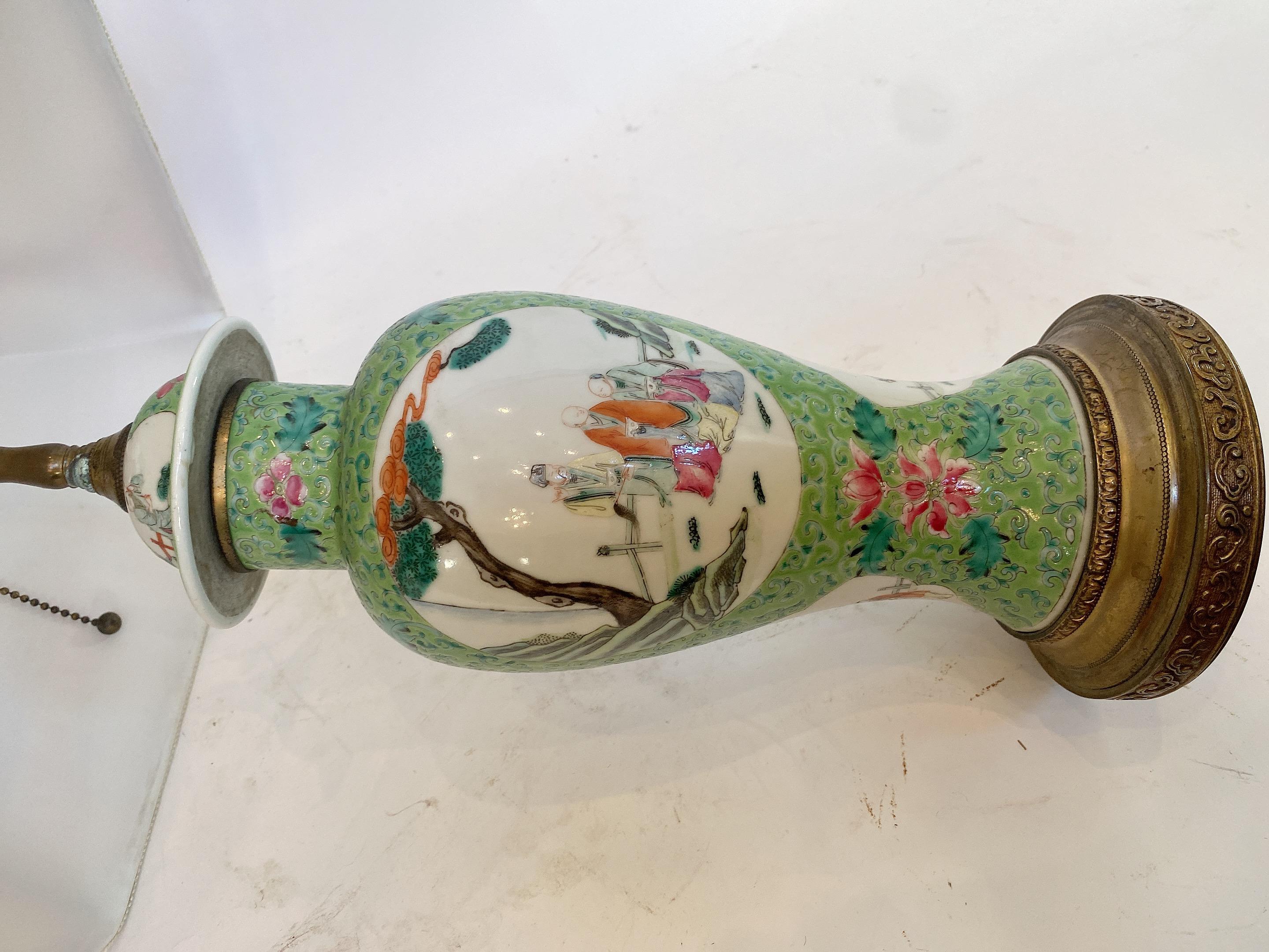 Qing Dynasty a Antique Chinese Green Famille Rose Porcelain Vase Lamp For Sale 4