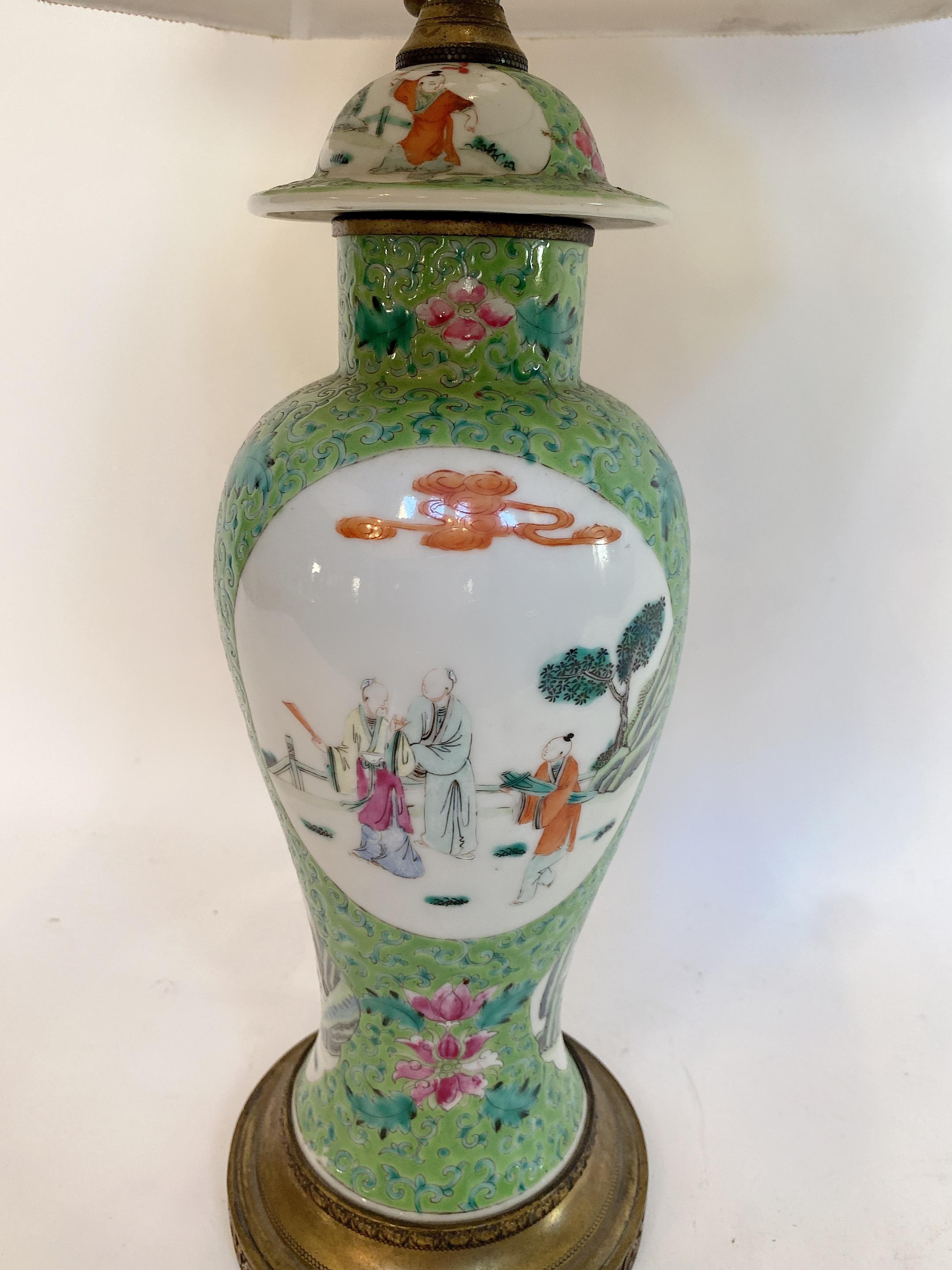 Qing Dynasty a Antique Chinese Green Famille Rose Porcelain Vase Lamp For Sale 7