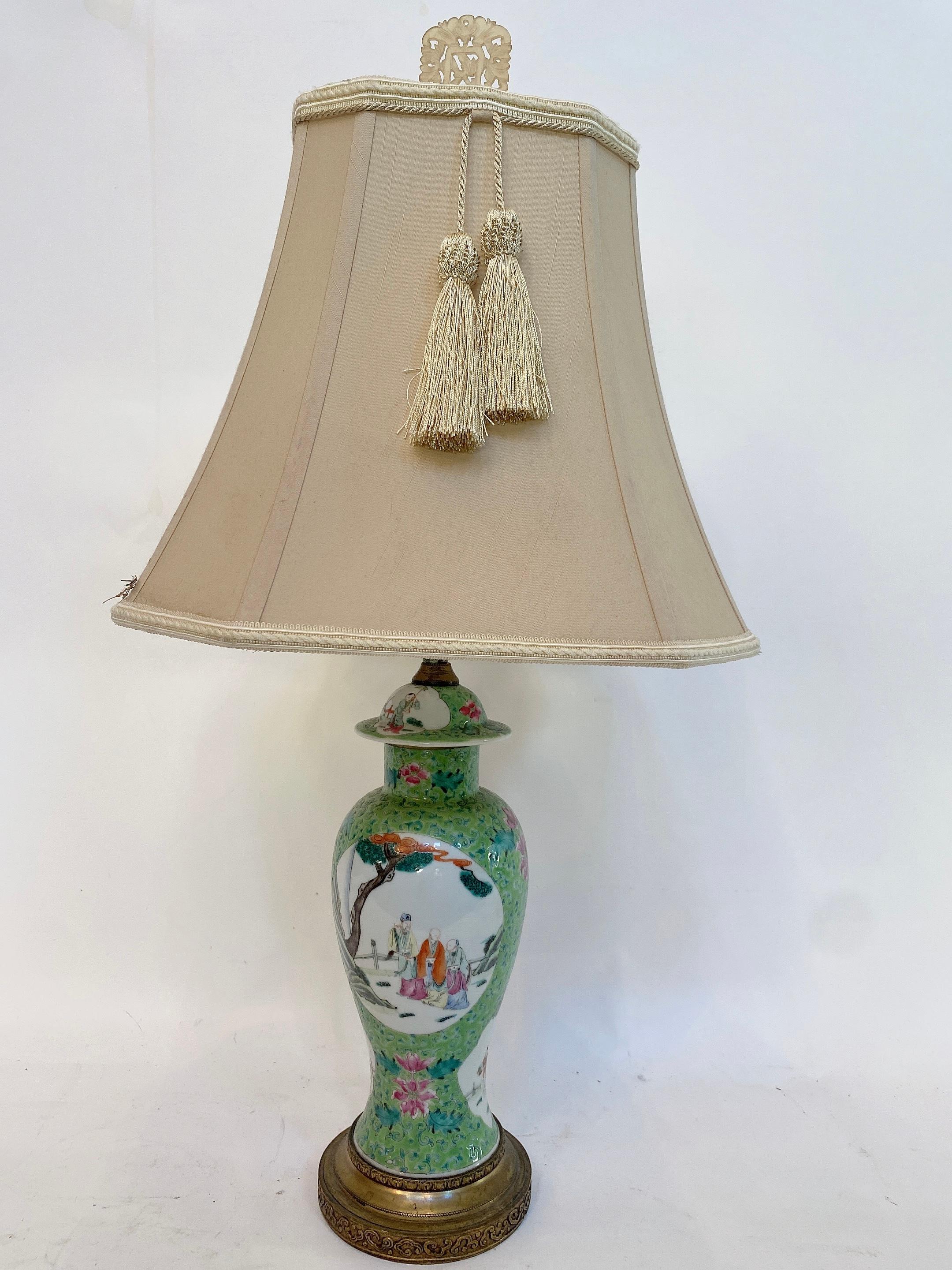 Qing Dynasty a Antique Chinese Green Famille Rose Porcelain Vase Lamp For Sale 8