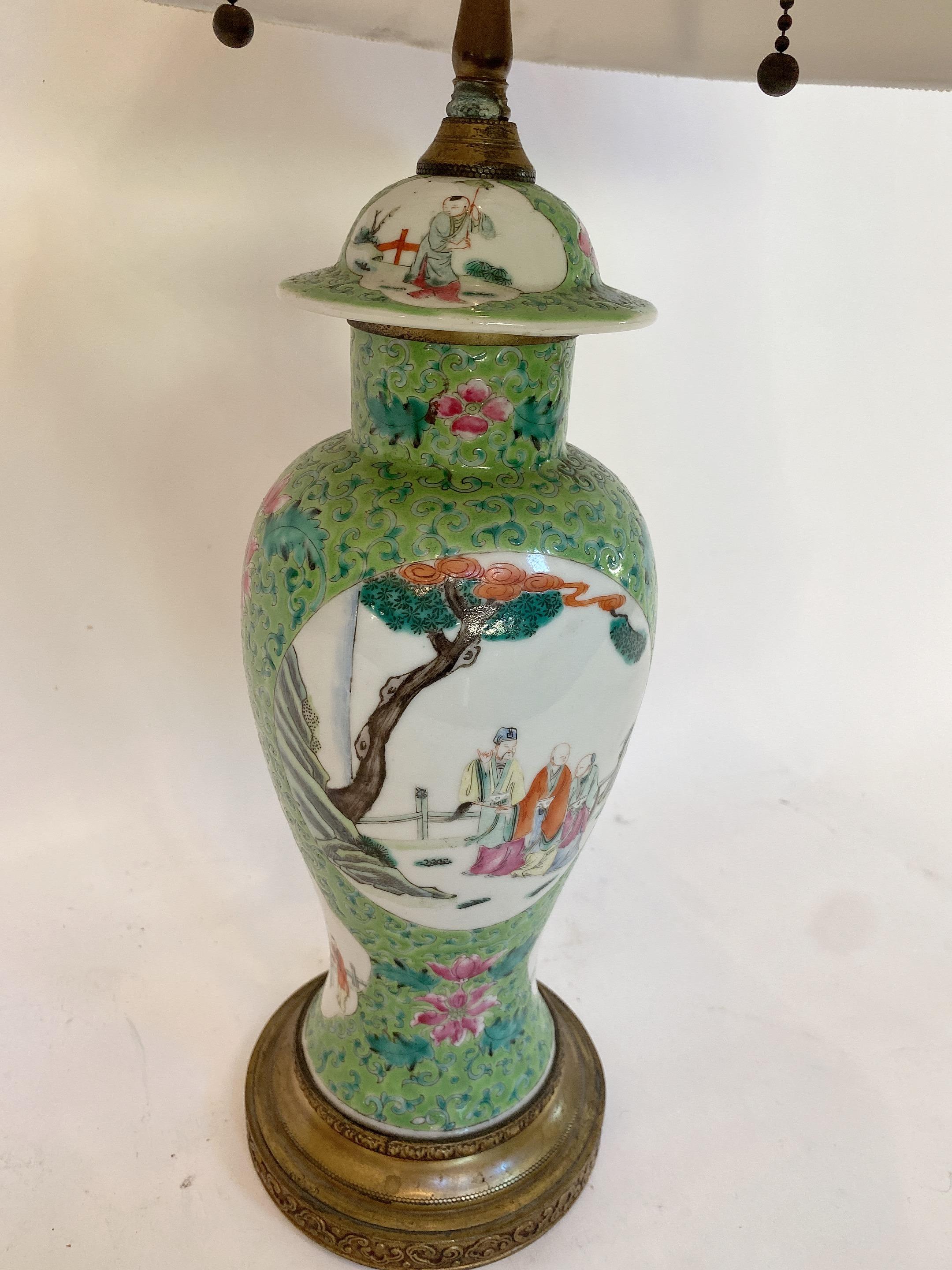 Qing Dynasty a Antique Chinese Green Famille Rose Porcelain Vase Lamp For Sale 9
