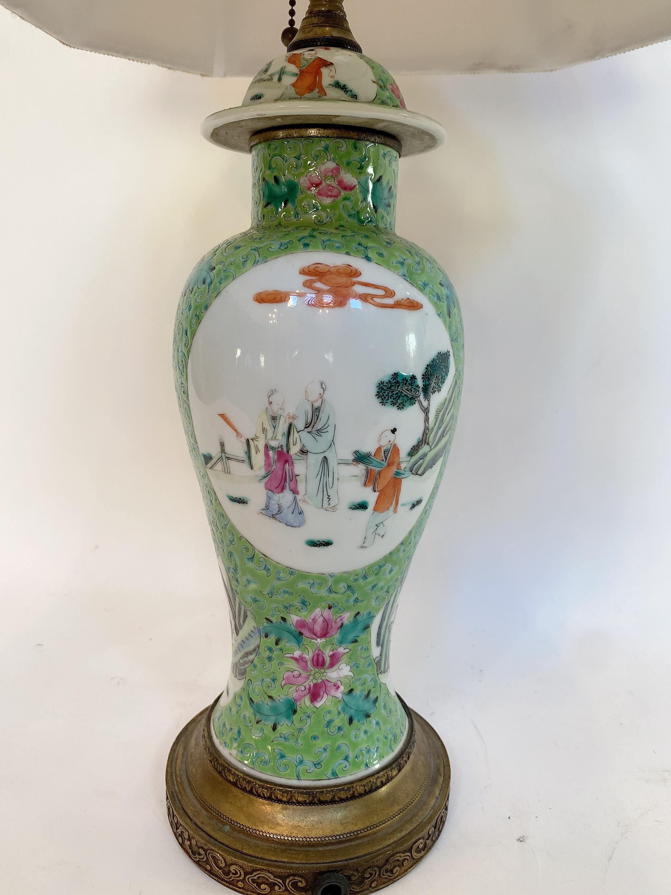 Qing Dynasty an antique 19th century Chinese green Famille rose porcelain vase as lamp, the Measures: Vase: 12 '' diameter x 12'' high. total base to top 25''.