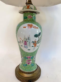late 19th century Antique Chinese Green Famille Rose Porcelain Vase Lamp