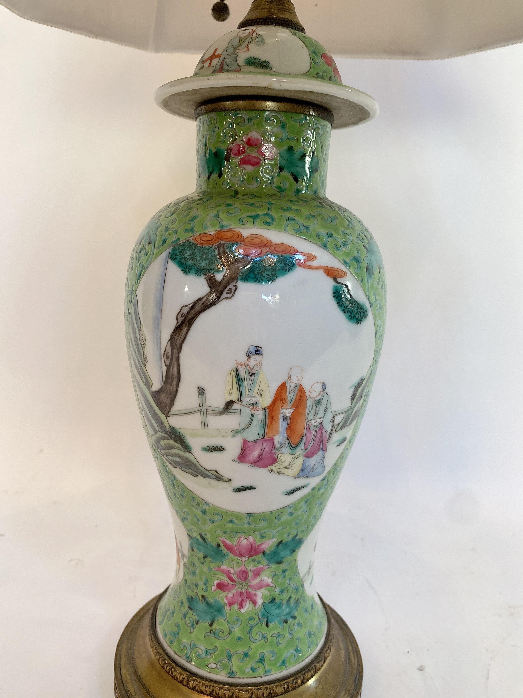 Carved Qing Dynasty a Antique Chinese Green Famille Rose Porcelain Vase Lamp For Sale