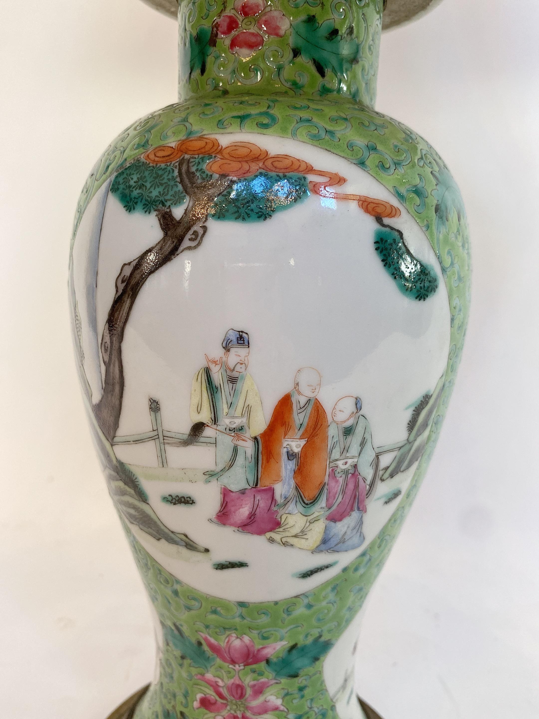 Qing Dynasty a Antique Chinese Green Famille Rose Porcelain Vase Lamp In Good Condition For Sale In Brea, CA