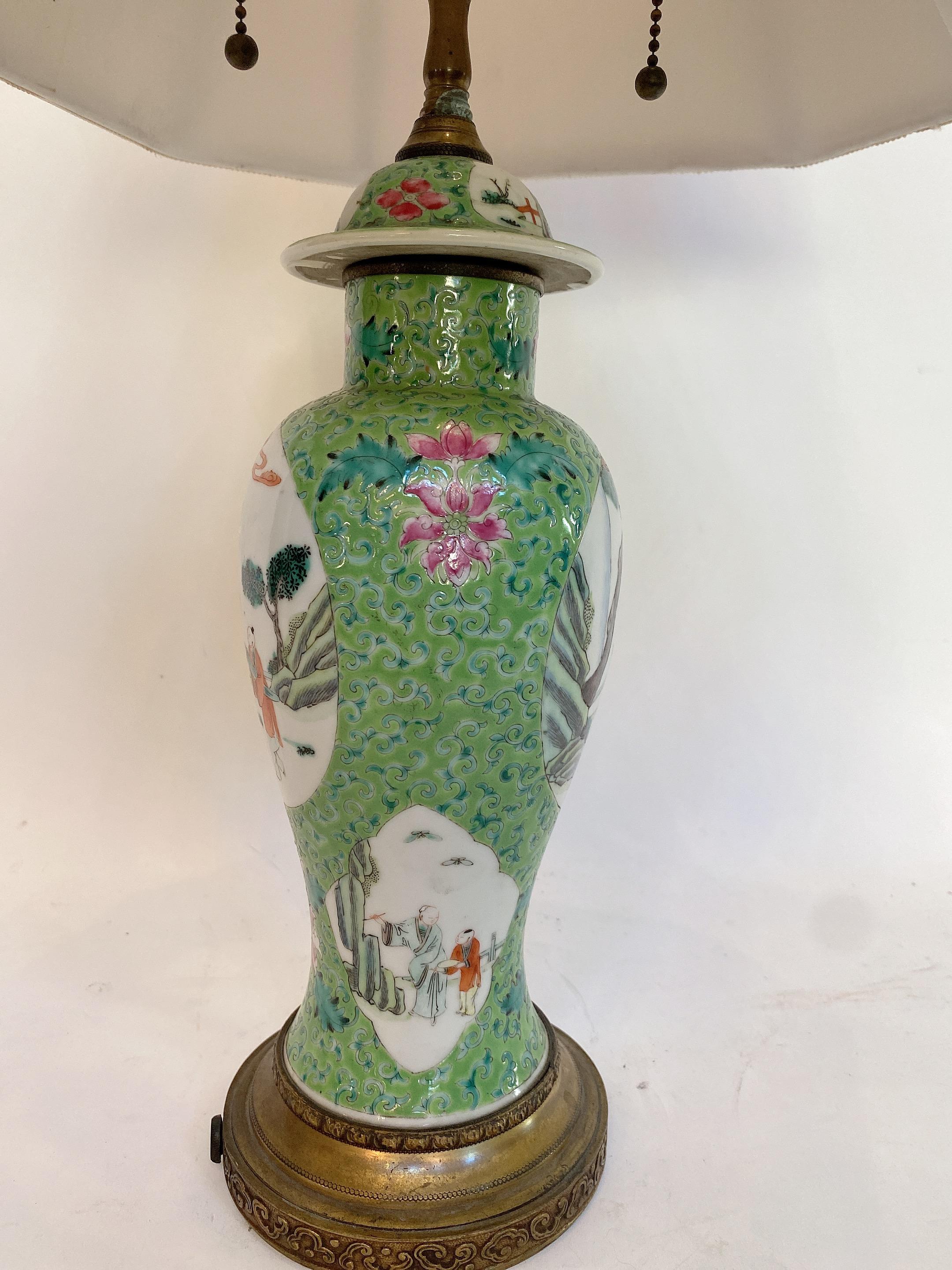 19th Century Qing Dynasty a Antique Chinese Green Famille Rose Porcelain Vase Lamp For Sale