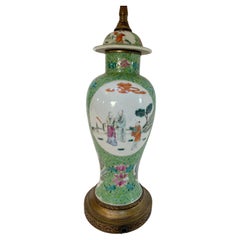 late 19th century Antique Chinese Green Famille Rose Porcelain Vase Lamp