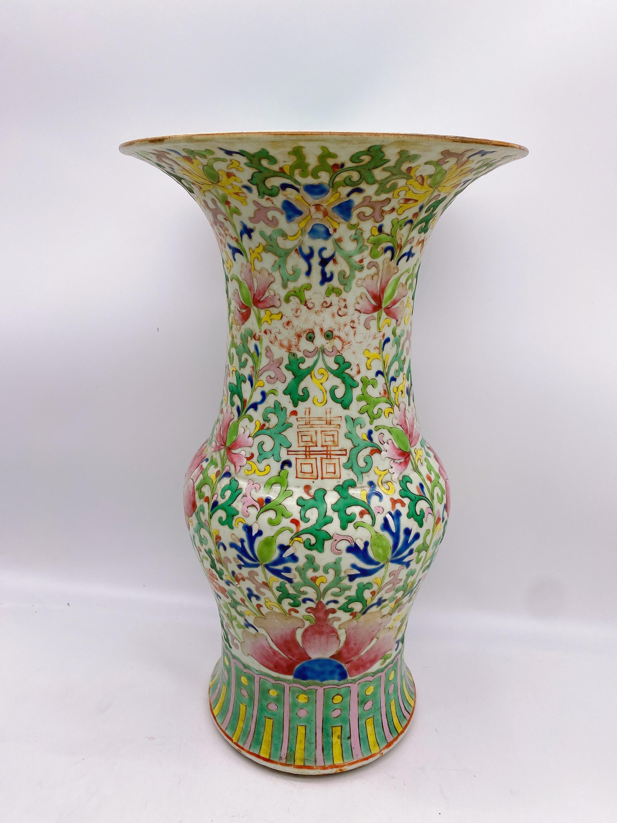 Qing Dynasty an antique 19th century Chinese porcelain Gu vase decorated with shuangxi, the Measures: 9.25'' diameter x 16'' high.