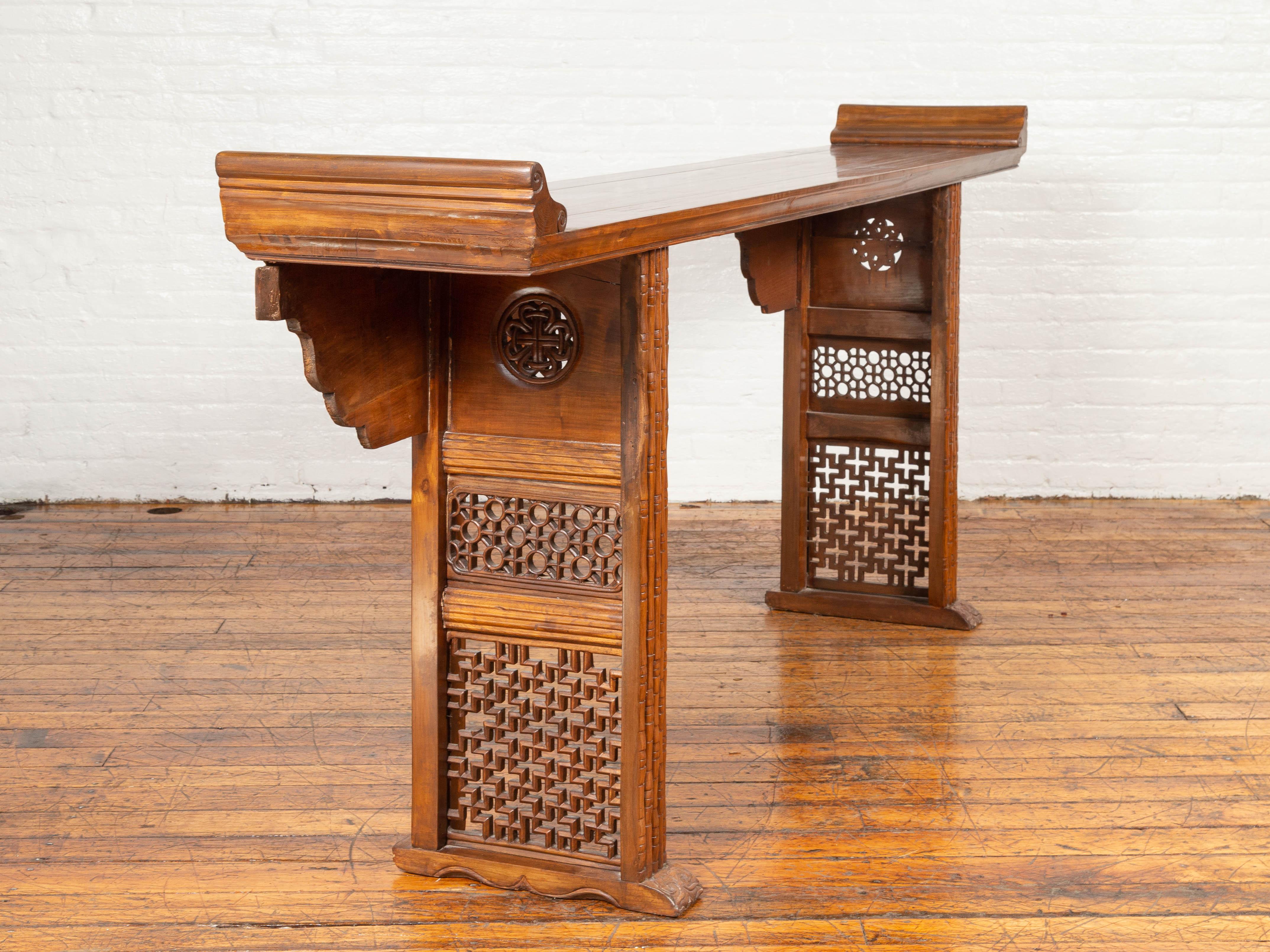 Hand-Carved Qing Dynasty Altar Table with Bamboo Accents, Fretwork and Everted Flanges For Sale
