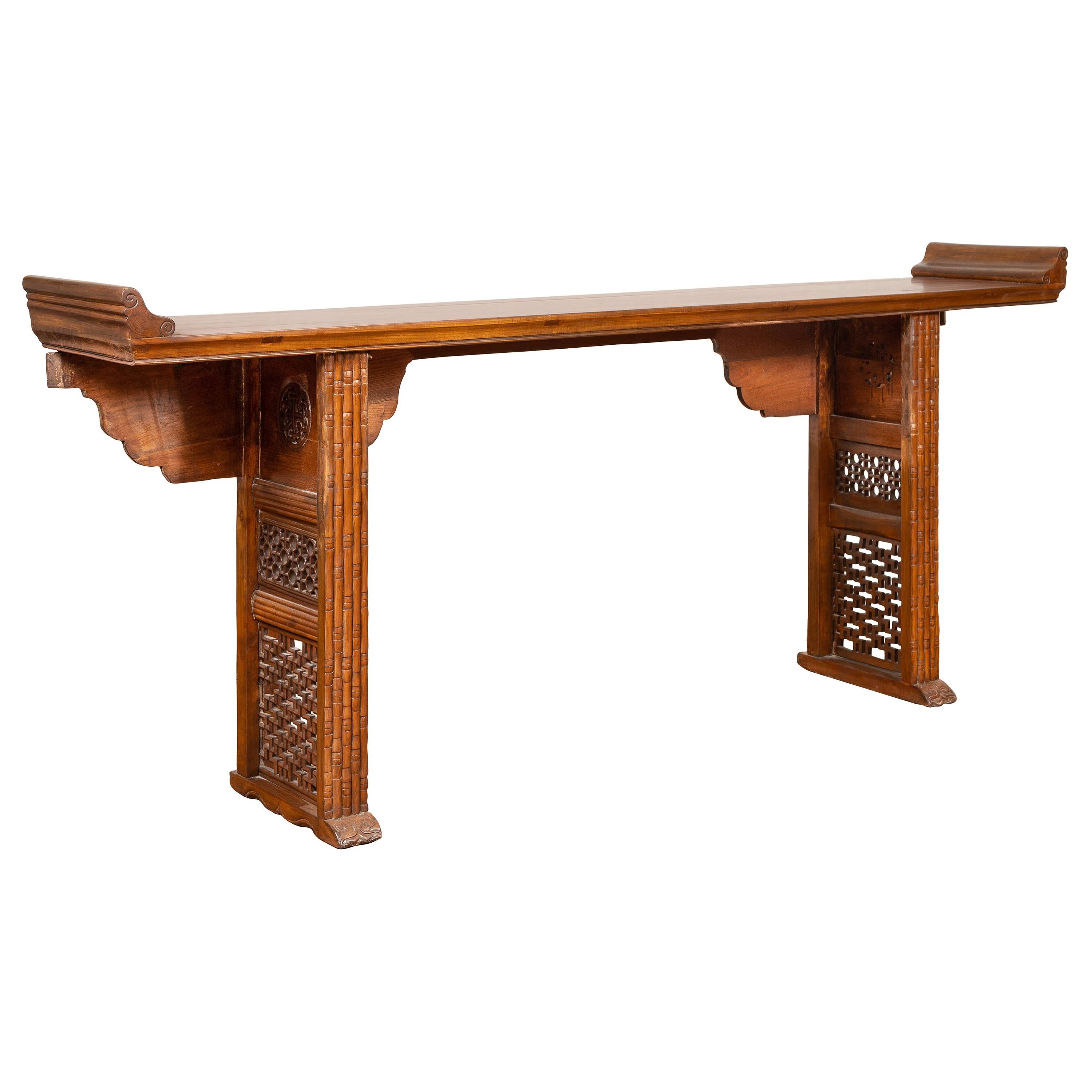 Qing Dynasty Altar Table with Bamboo Accents, Fretwork and Everted Flanges