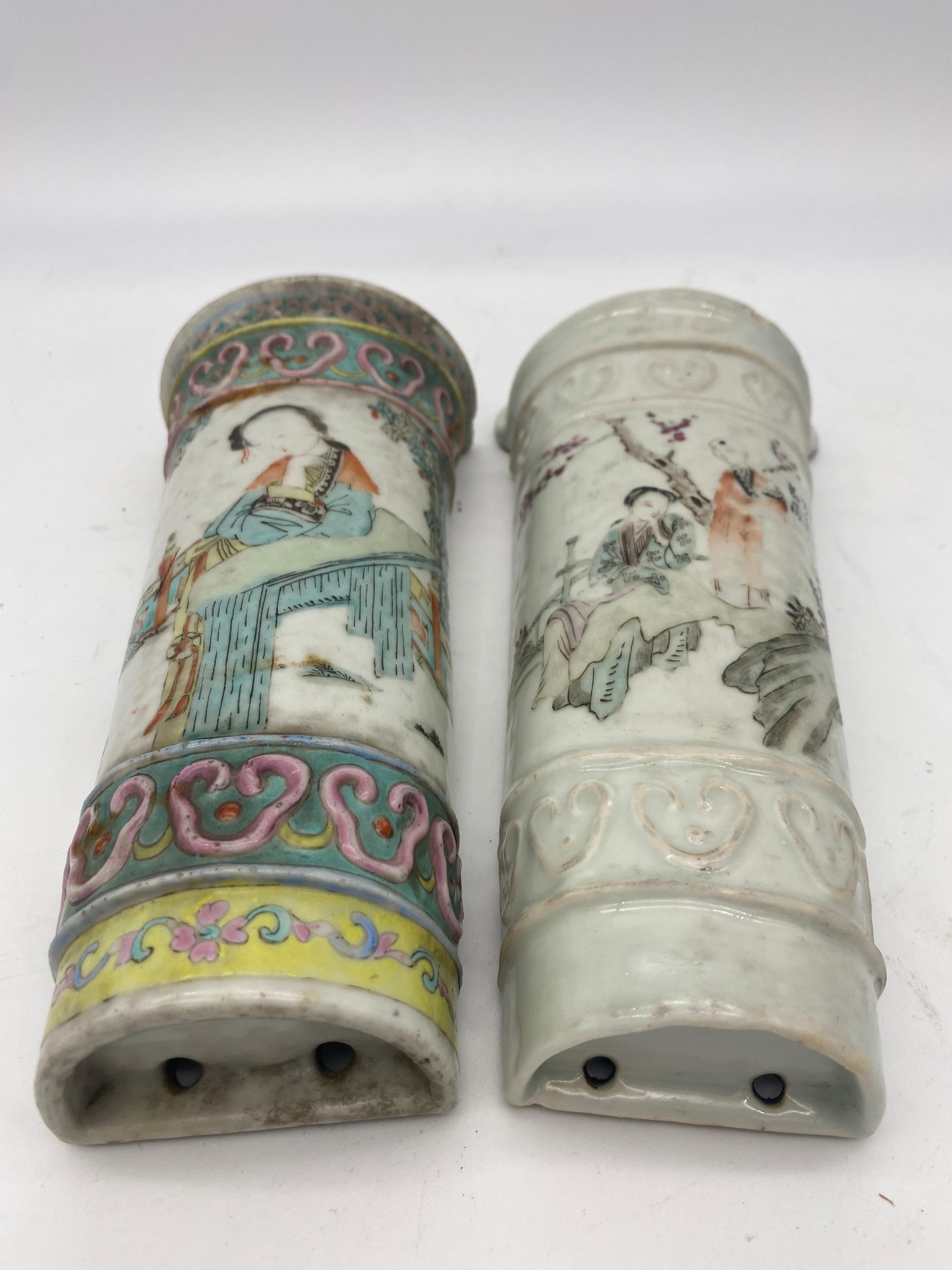 Qing Dynasty pair of antique 19th century Chinese hand painted wall hanging porcelain vase. Measures: One is 8