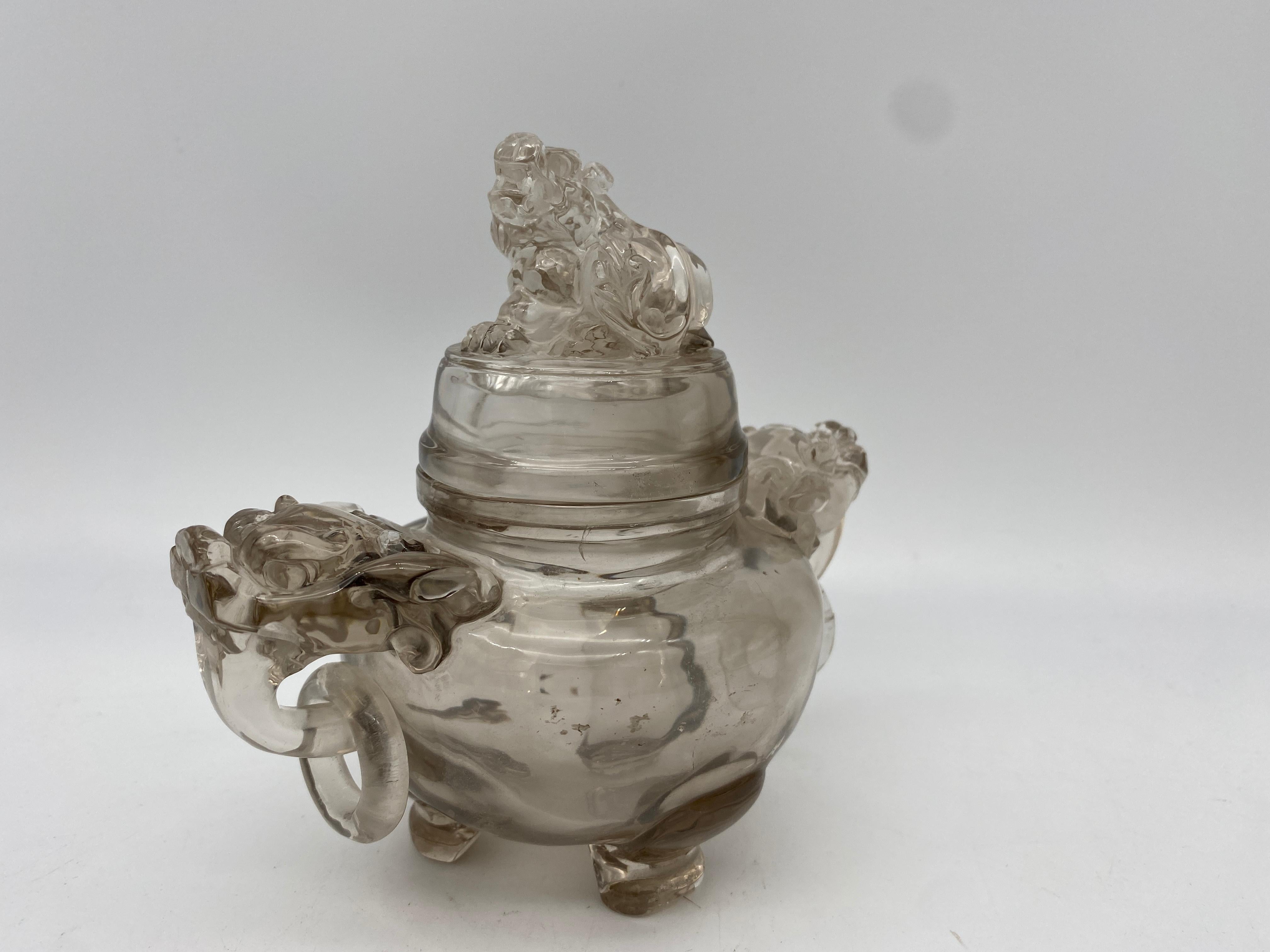 Carved Qing Dynasty Antique Chinese Twin Handled Crystal Censer and Cover For Sale