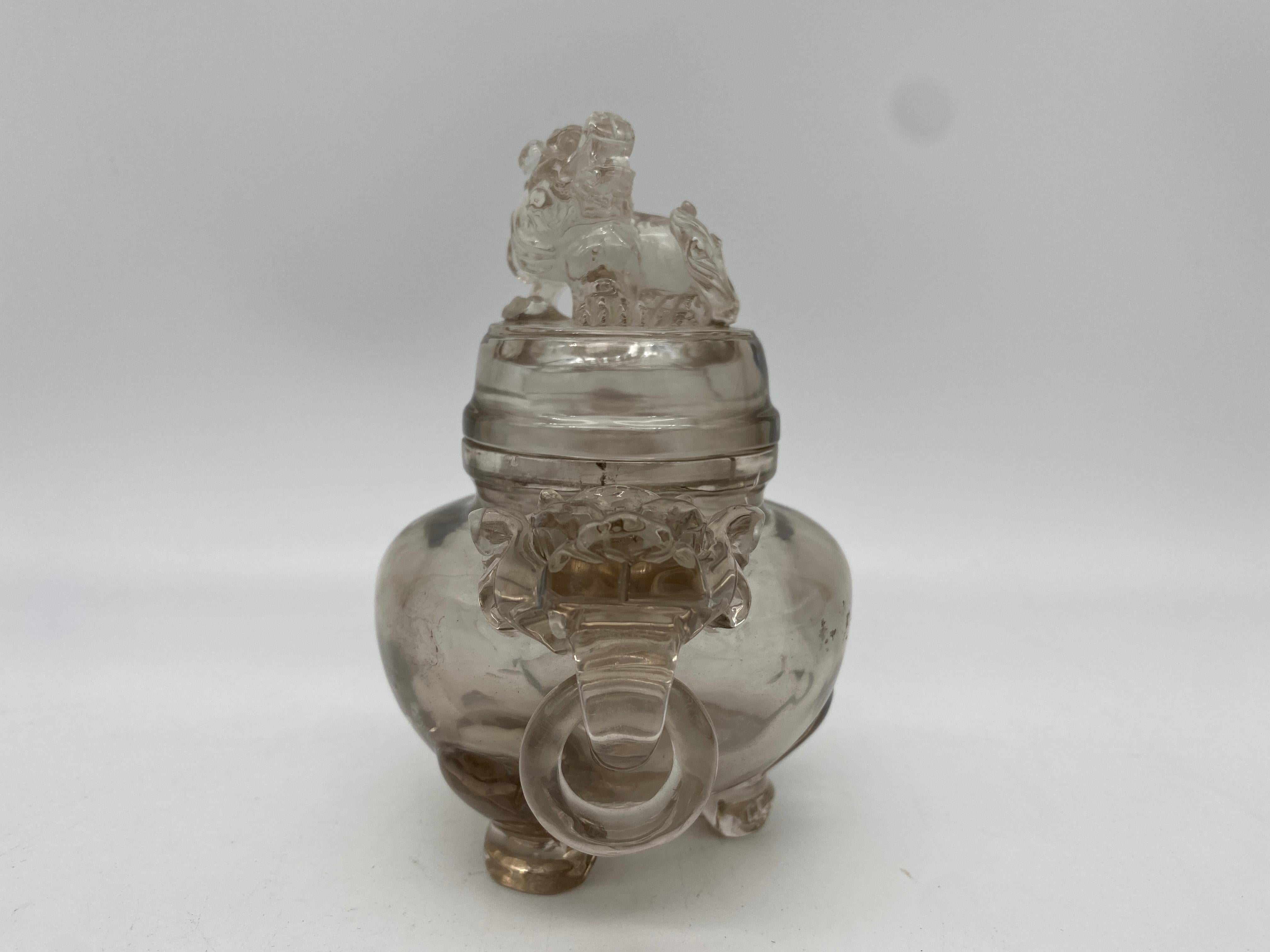 Qing Dynasty Antique Chinese Twin Handled Crystal Censer and Cover In Good Condition For Sale In Brea, CA