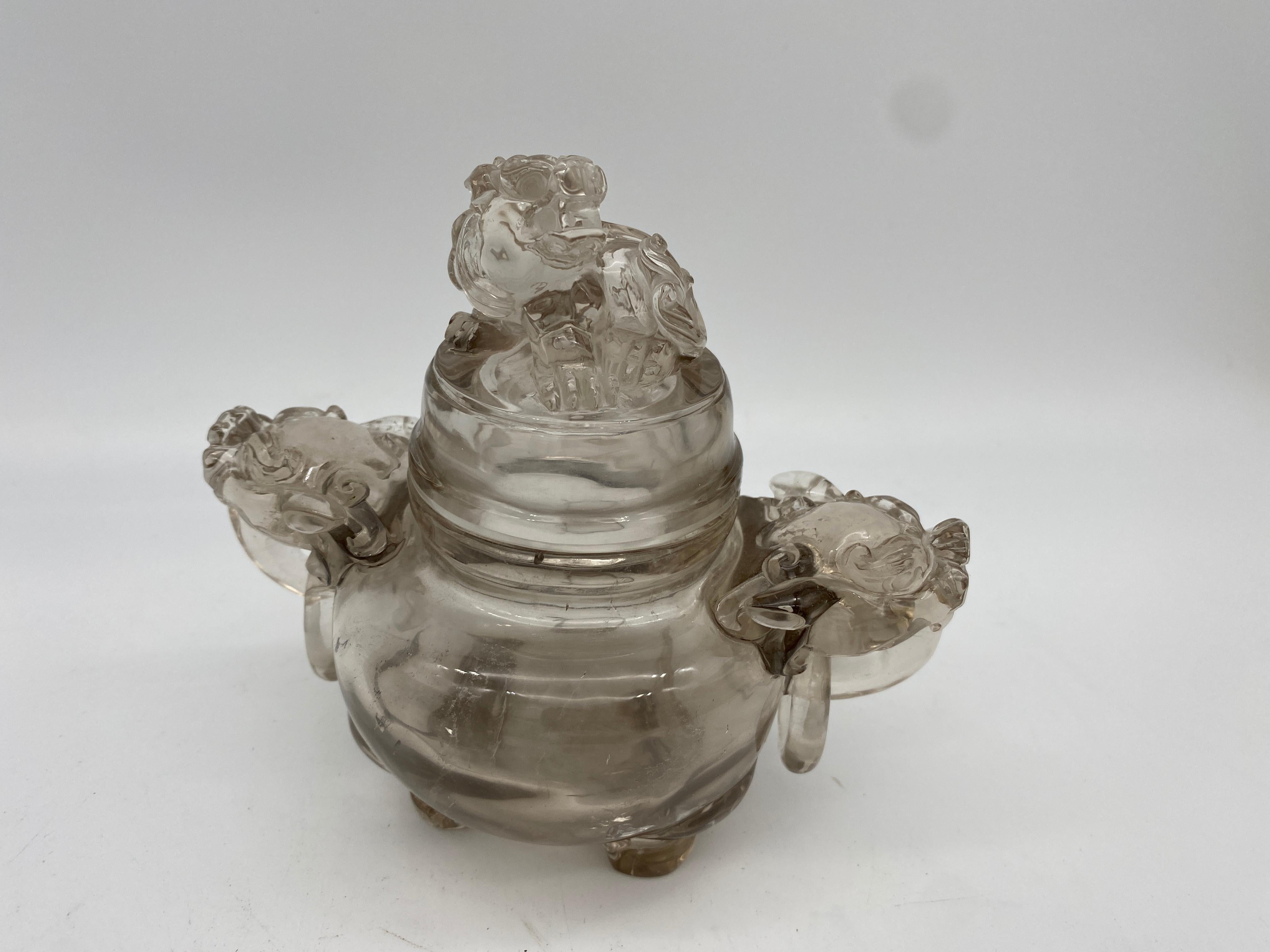 20th Century Qing Dynasty Antique Chinese Twin Handled Crystal Censer and Cover For Sale