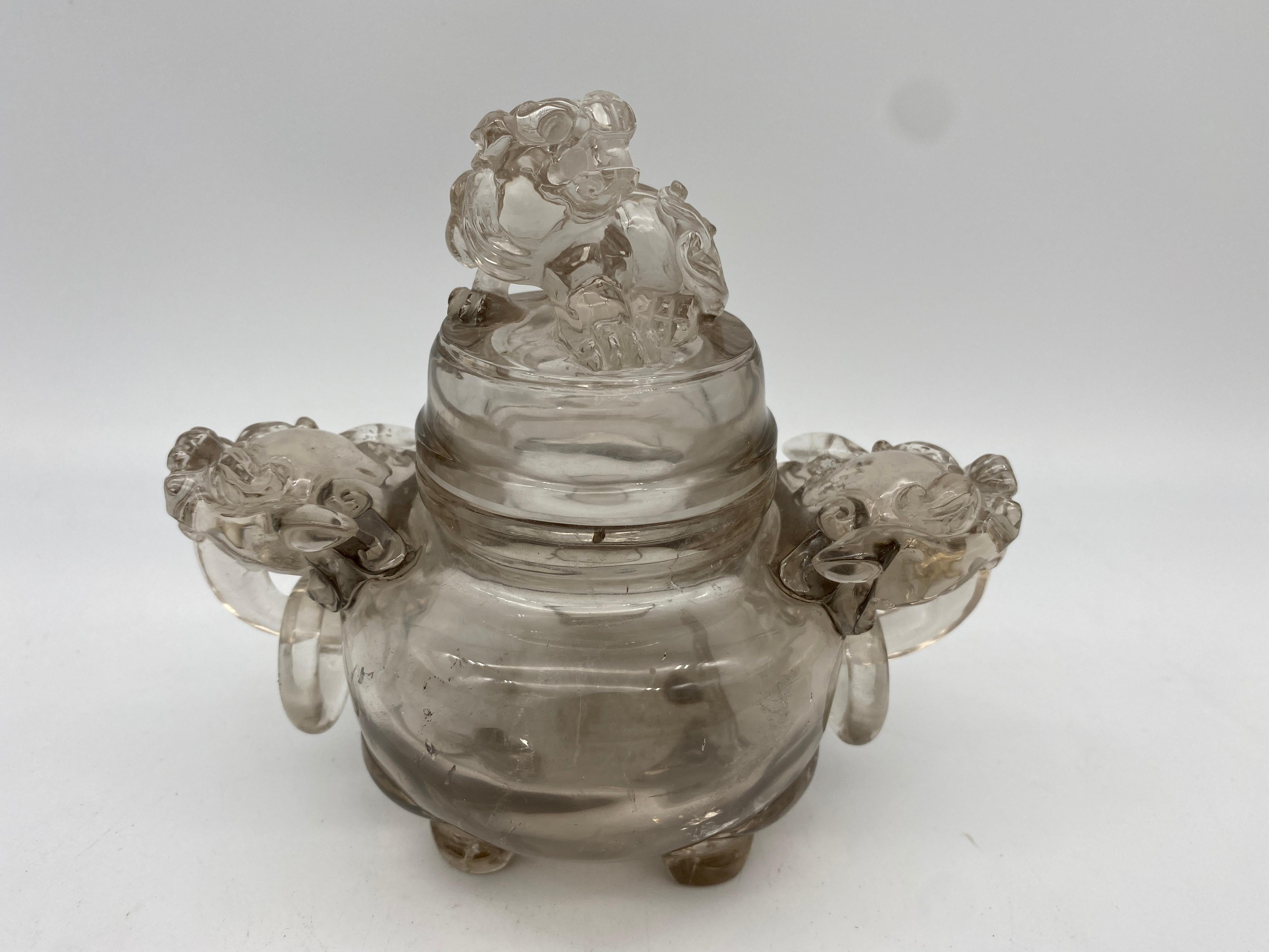 Qing Dynasty Antique Chinese Twin Handled Crystal Censer and Cover For Sale 3