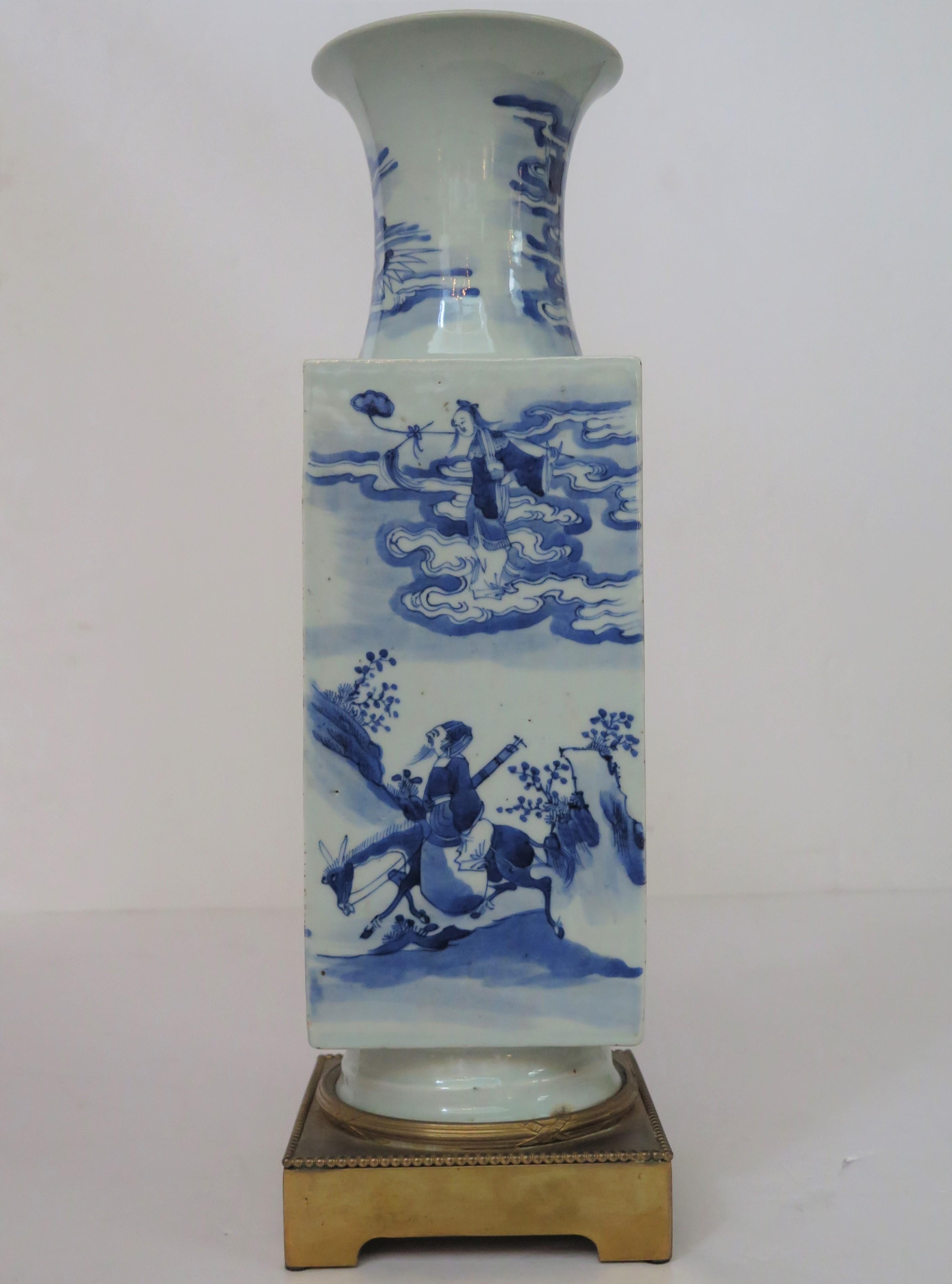 Hand-Painted Qing Dynasty Blue and White Porcelain Vase in French Gilt Bronze Mount For Sale