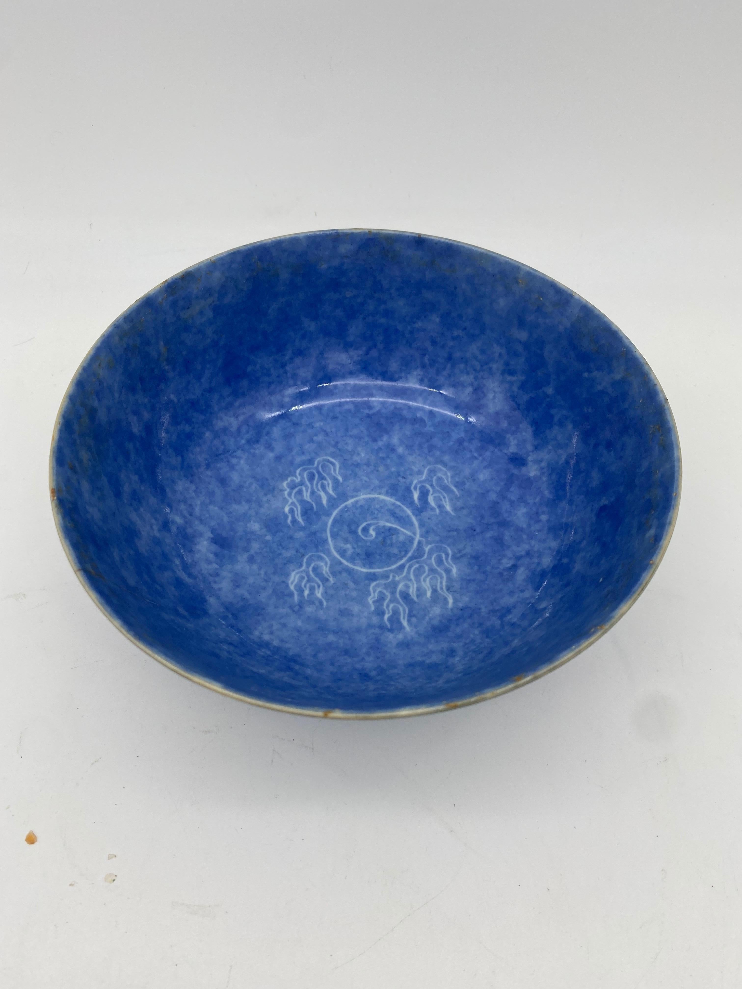 Qing dynasty blue glazed dragon Chinese porcelain bowl, external with two dragons play two balls. There is a small hair line from rim. see more pictures  . 