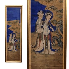 Qing Dynasty Blue White Brown Gouache Scrall Geishas