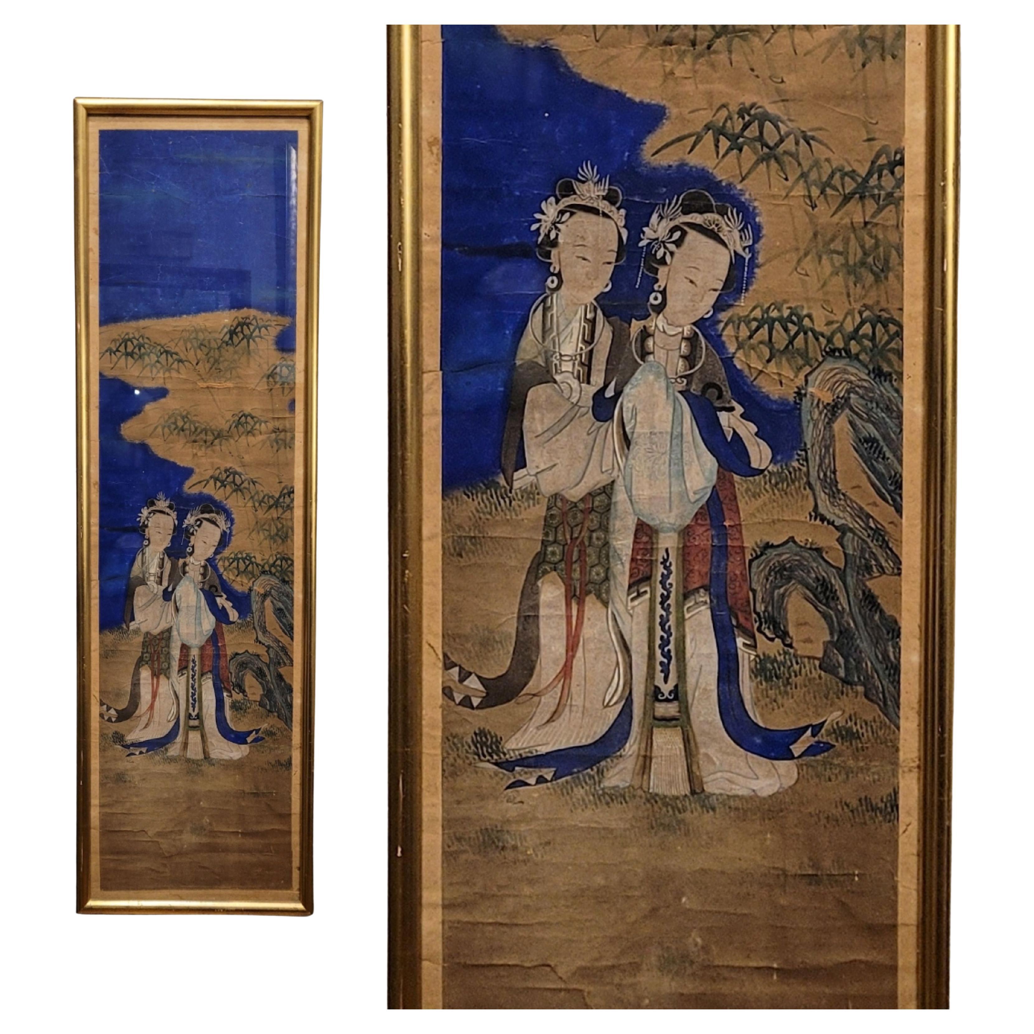 Qing Dynasty Blue White Brown Gouache Scrall Geishas For Sale