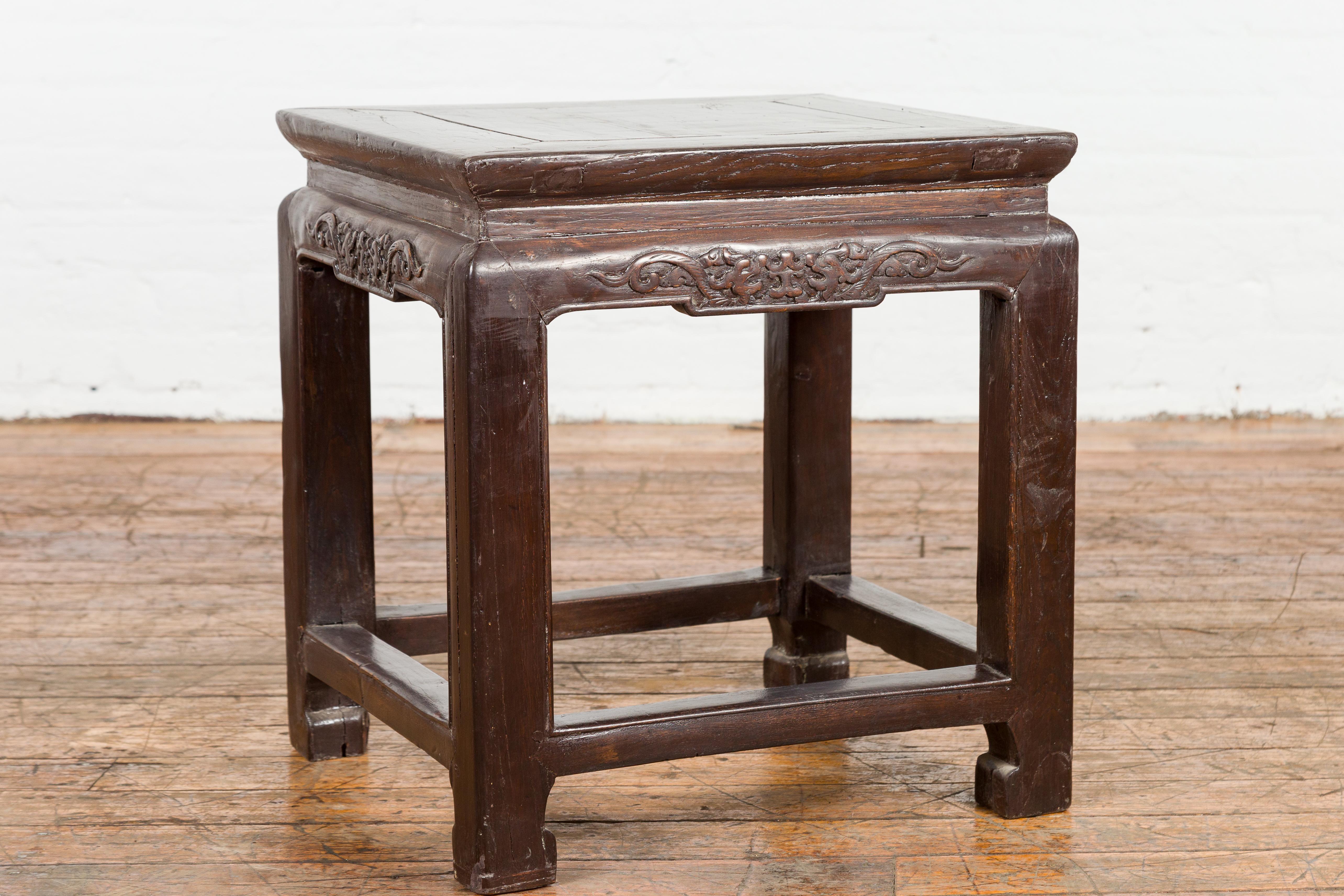 Qing Dynasty Brown Lacquer Low Table with Carved Apron and Horse Hoof Legs For Sale 8